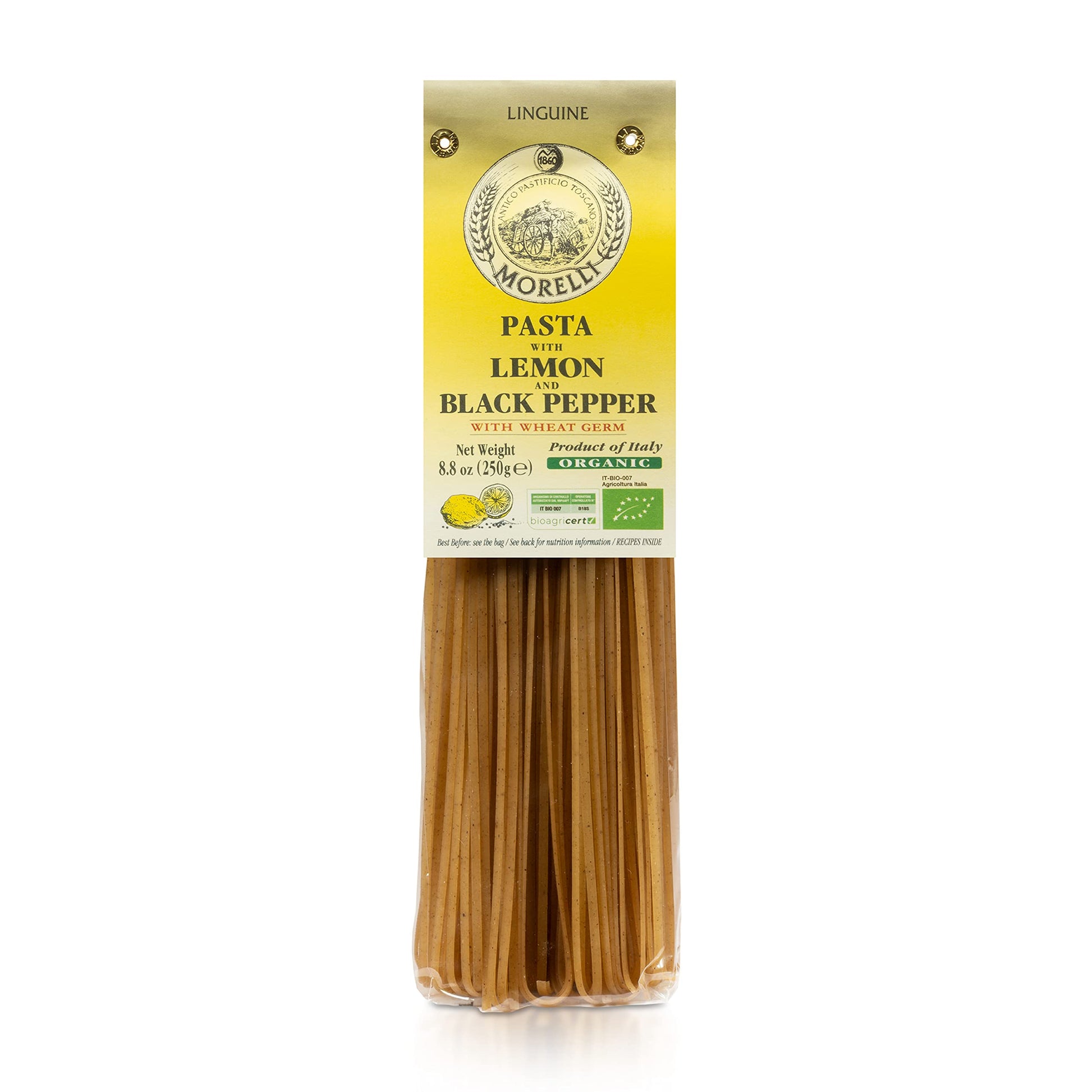 Morelli Lemon Pepper Linguine Pasta With Wheat Germ - Linguine Organic Pasta - Naturally Flavored Pasta Made In Italy - Imported
