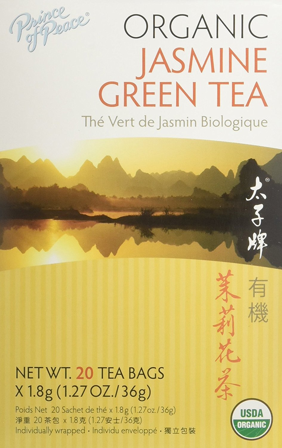 Prince of Peace Organic Jasmine Green Tea - 20 Tea Bags, 100% Organic, Lower Caffeine Alternative to Coffee, Herbal Benefits