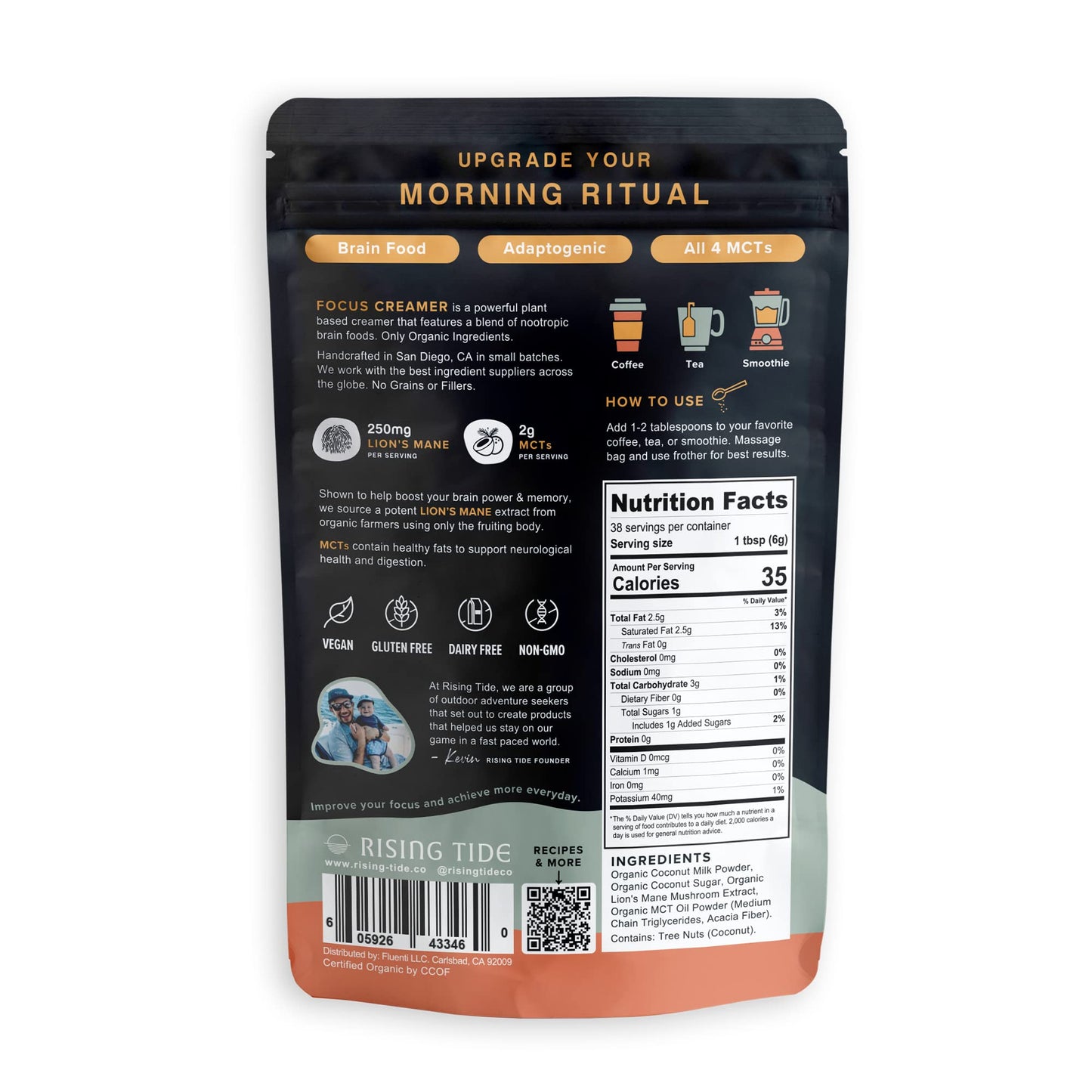 Rising Tide Organic Mushroom Superfood Creamer - Coconut Milk Powder  Lions Mane Mushrooms  MCT Oil - Non Dairy Cream Alternative for Coffee - Plant Based and Keto Friendly (38 Servings)