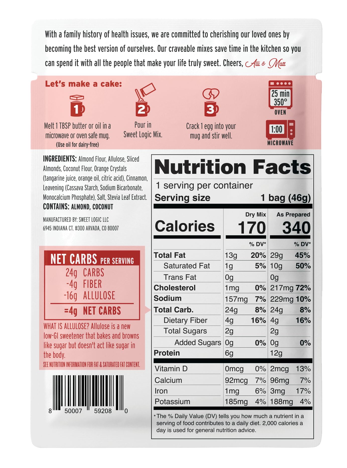 Sweet Logic Keto Dessert Mug Cake Mix - Orange Almond, Low Sugar, Gluten-Free, High Protein, 1.28 oz (Pack of 5)