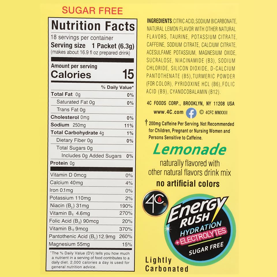 4C Energy Rush PSD with Electrolytes, 18ct Lemonade Flavoring Packets, On-the-Go Bundle, 0.22 Ounce Each