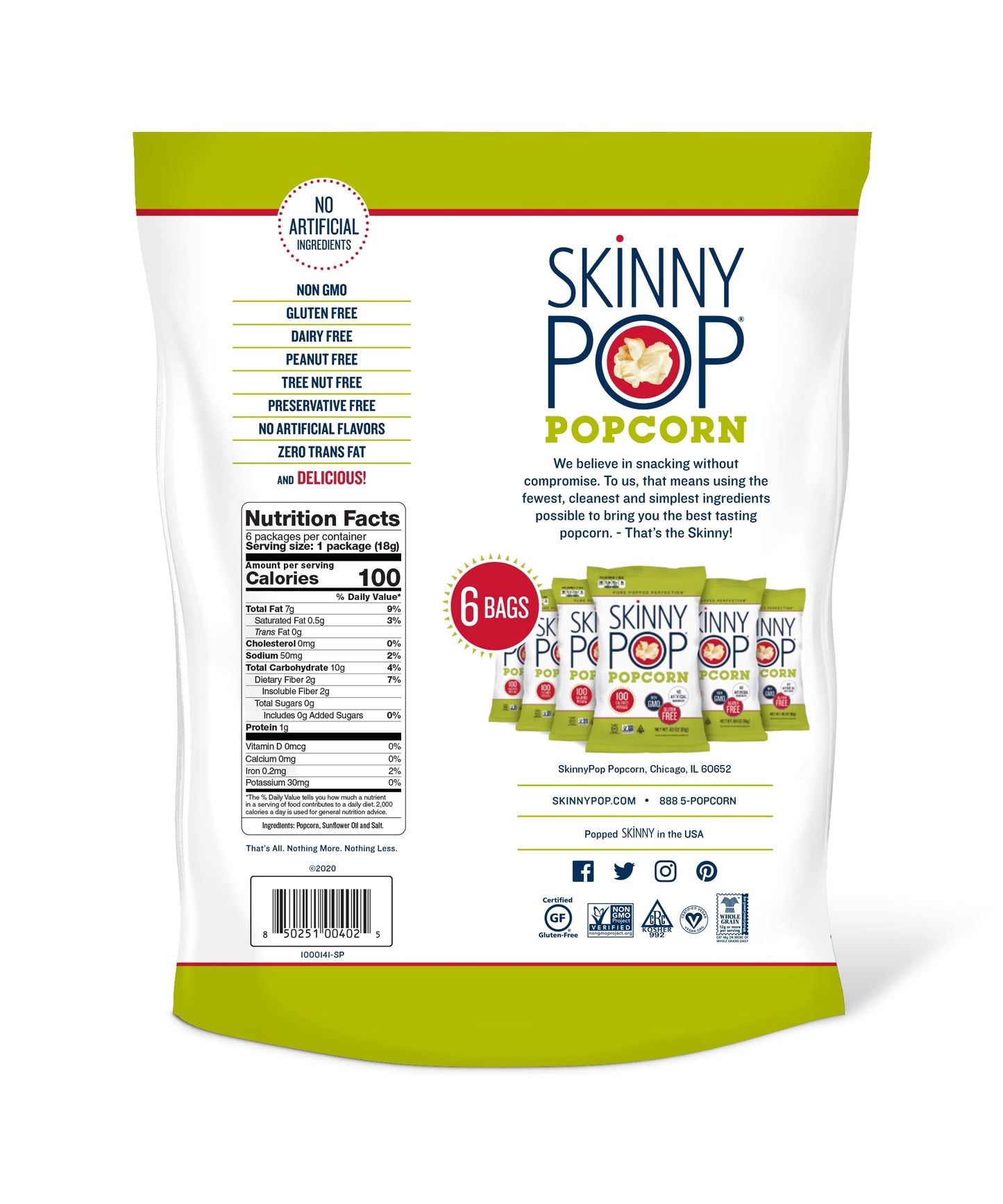 Skinnypop Popcorn, Gluten Free, Dairy Free, Non-Gmo, Healthy Snacks, Skinny Pop Original Popcorn Snack Packs, 0.65Oz Individual