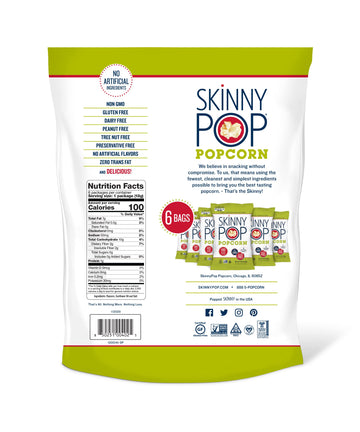 Skinnypop Popcorn, Gluten Free, Dairy Free, Non-Gmo, Healthy Snacks, Skinny Pop Original Popcorn Snack Packs, 0.65Oz Individual