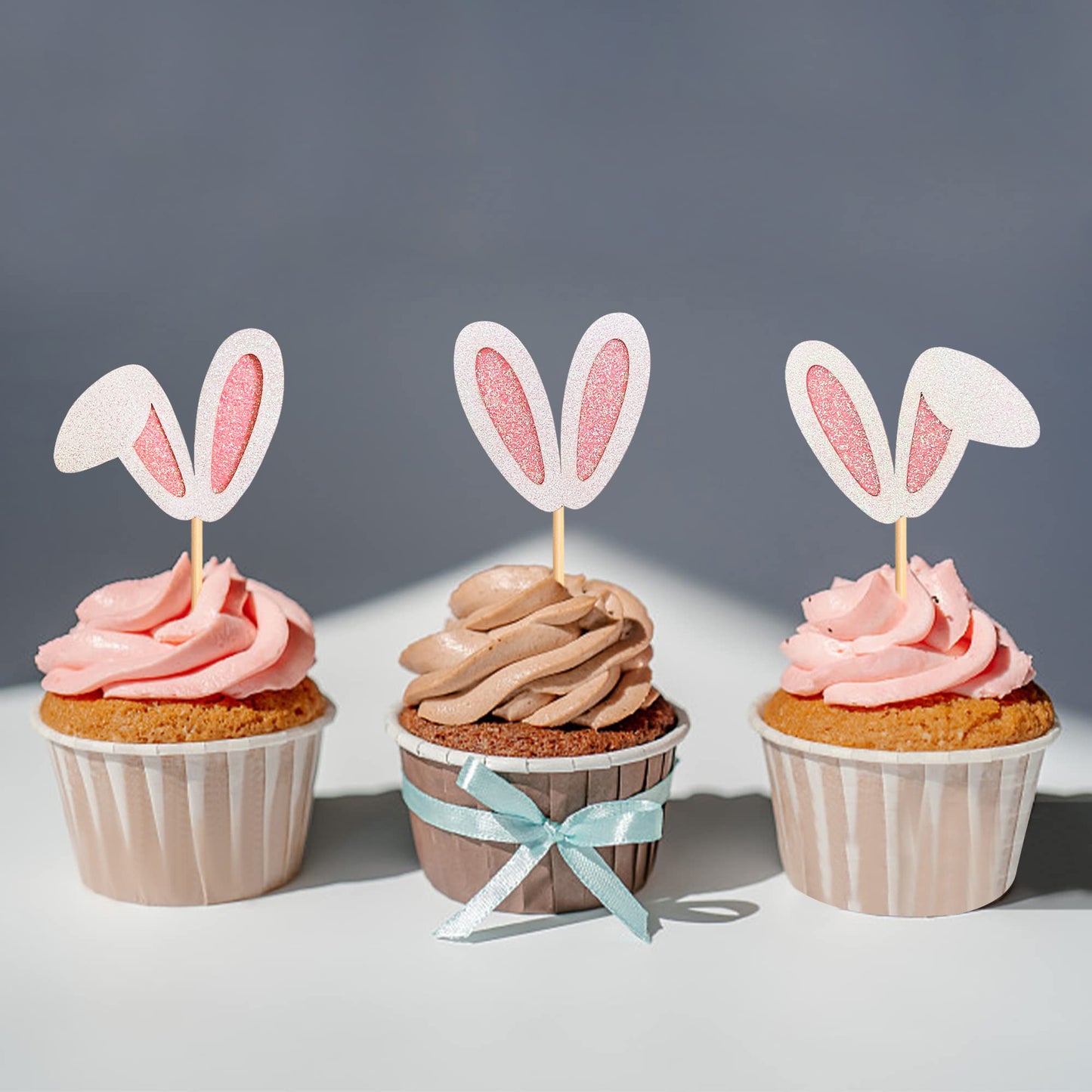 Ercadio 24 Pack Easter Bunny Ear Cupcake Toppers, Glitter Rabbit Ears Cupcake Picks, Easter Day Cake Toppers For Easter Theme Sp