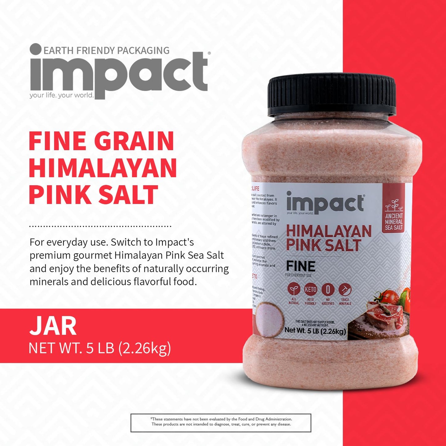 Impact Himalayan Pink Sea Salt - No Additives, Non-GMO, Gluten-Free - 5lb Jar (80 Ounce)