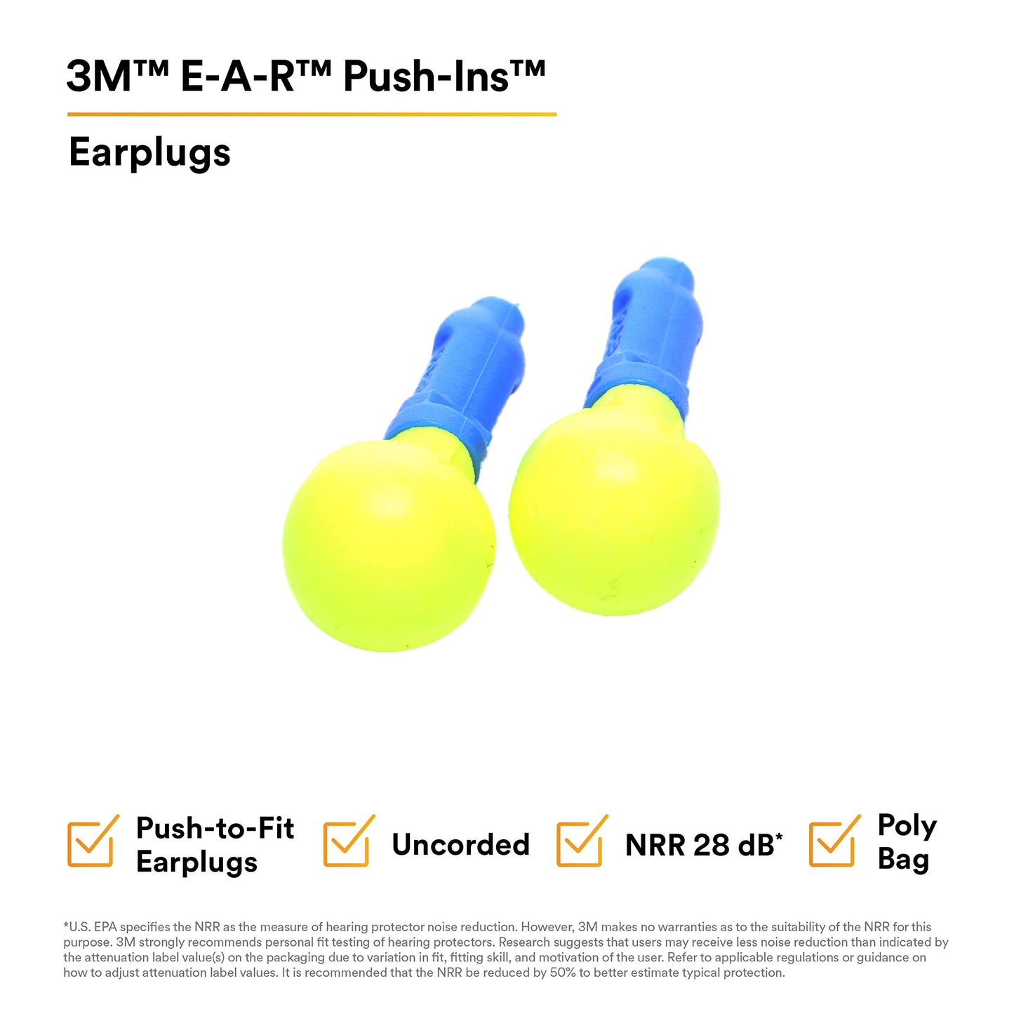 3M E-A-R Push-Ins Earplugs 318-1000, 28.0 Dbs, 100 Pair, Ansi, Uncorded, No Roll, Push To Fit, Poly Bag