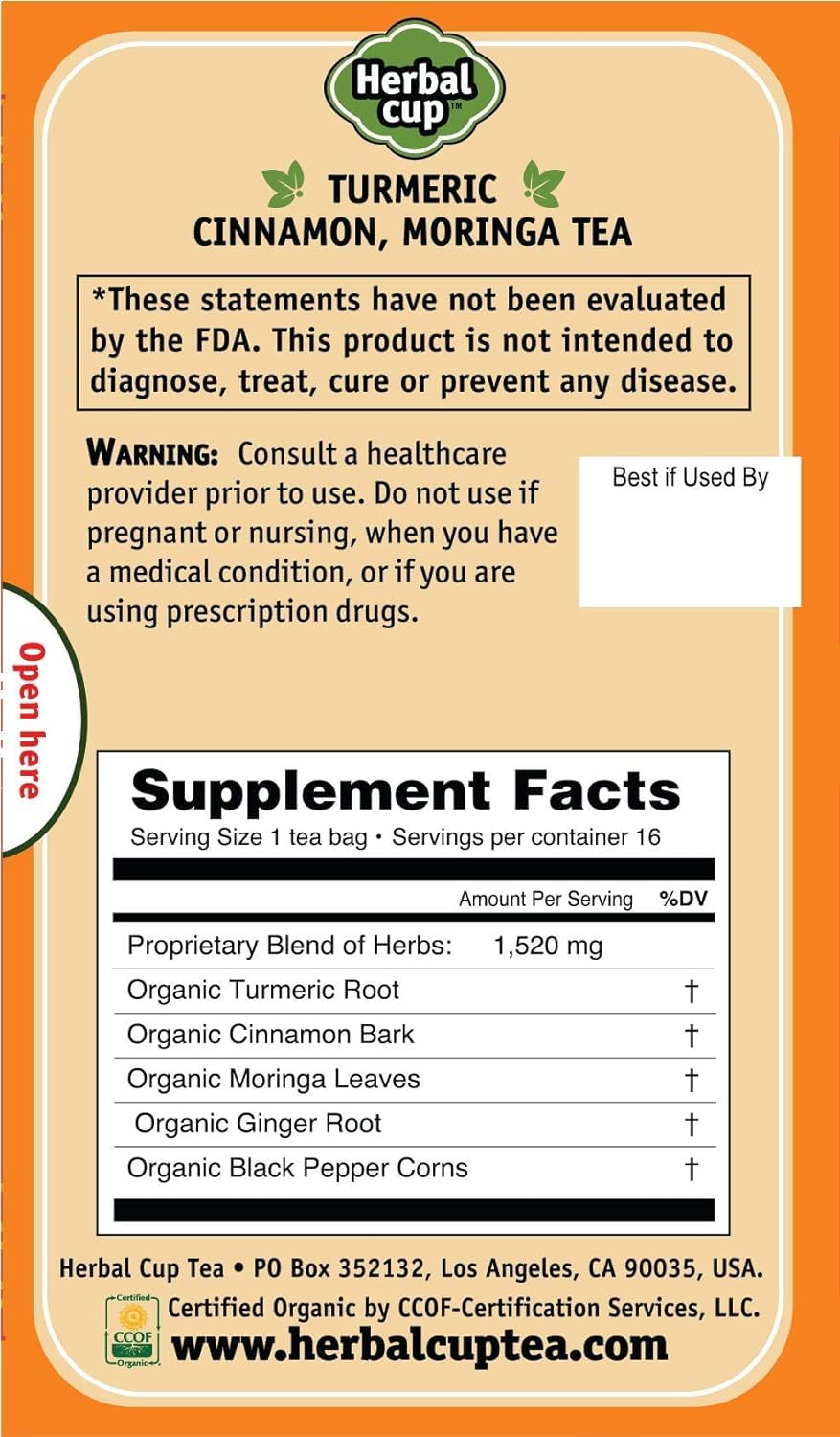 Herbal Cup Turmeric Tea, Organic Cinnamon Moringa, No Caffeine, 16 Count, Pack of 1