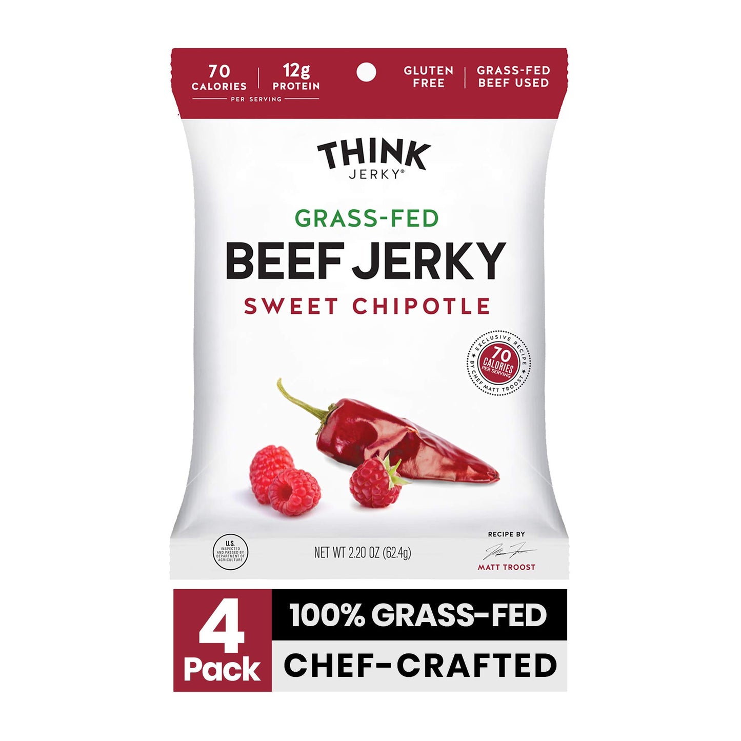Think Jerky Sweet Chipotle Beef Jerky, Grass-Fed, Gluten-Free, 2.2 oz (Pack of 4)