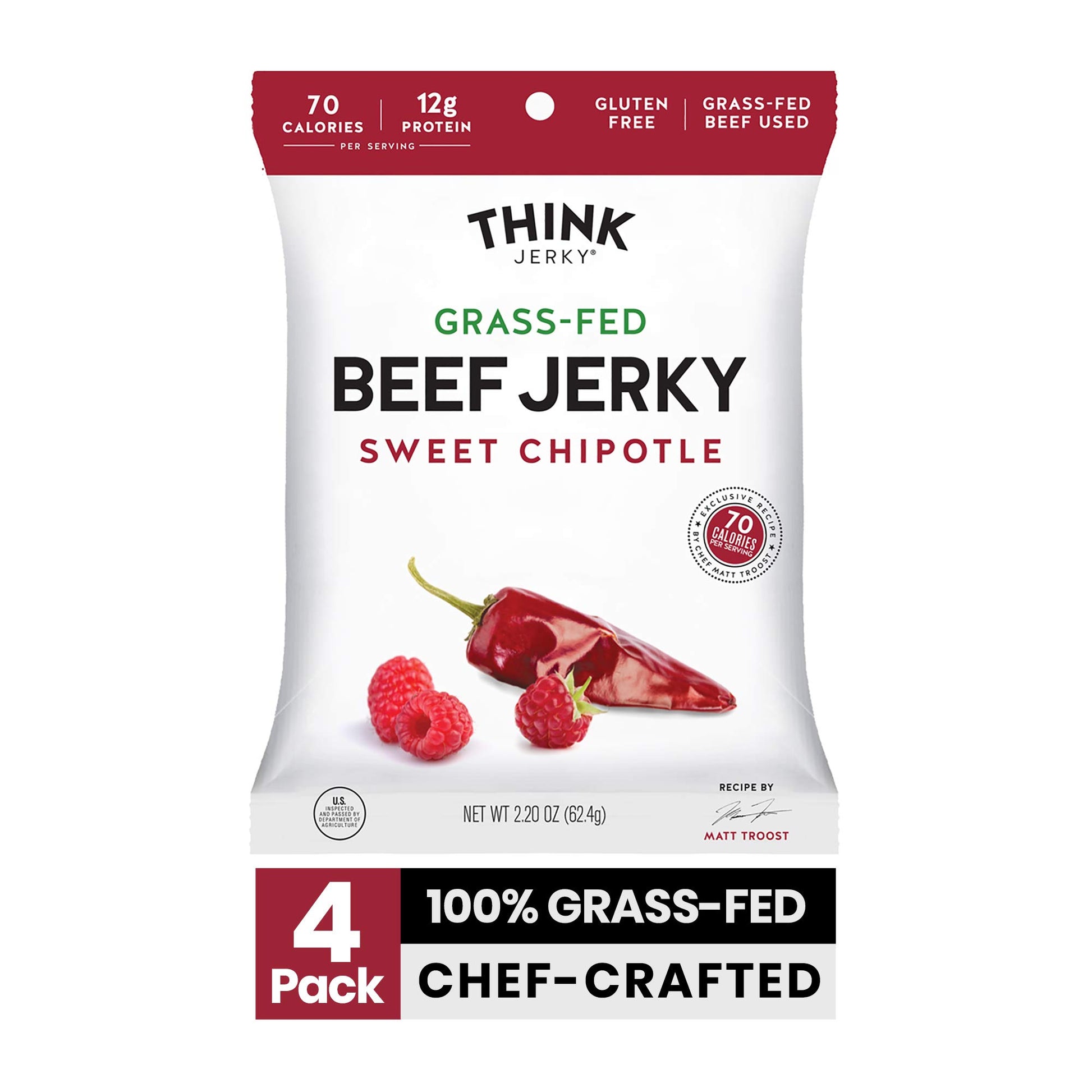 Think Jerky Sweet Chipotle Beef Jerky, Grass-Fed, Gluten-Free, 2.2 oz (Pack of 4)