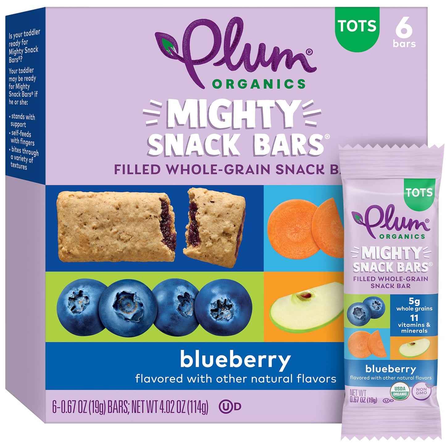 Plum Organics Mighty Snack Bars For Toddlers Blueberry Fruit Snack Bar, 0.67 Oz, 6 Ct
