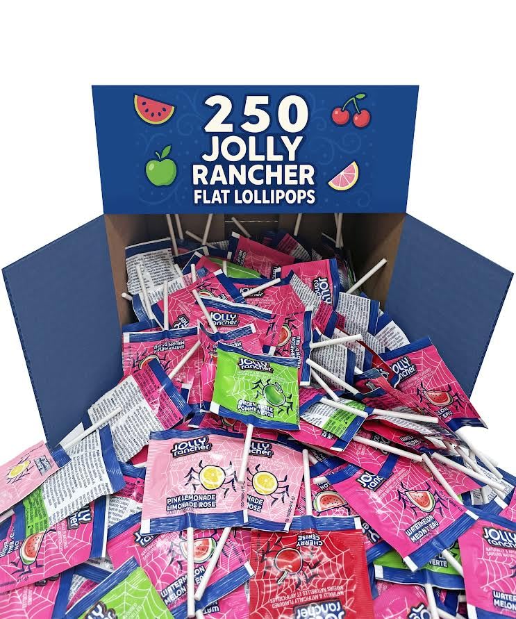 Munchique Jolly Flat Lollipops - 250 Count - Watermelon, Pink Lemonade, Green Apple, Cherry - Individually Wrapped Candy for Events