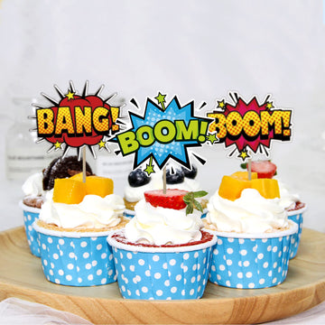 Superhero Boom Cupcake Toppers 48 Pack Happy Birthday Cake Decor For Kids Hero Theme Birthday Party Supplies Celebrating Party E