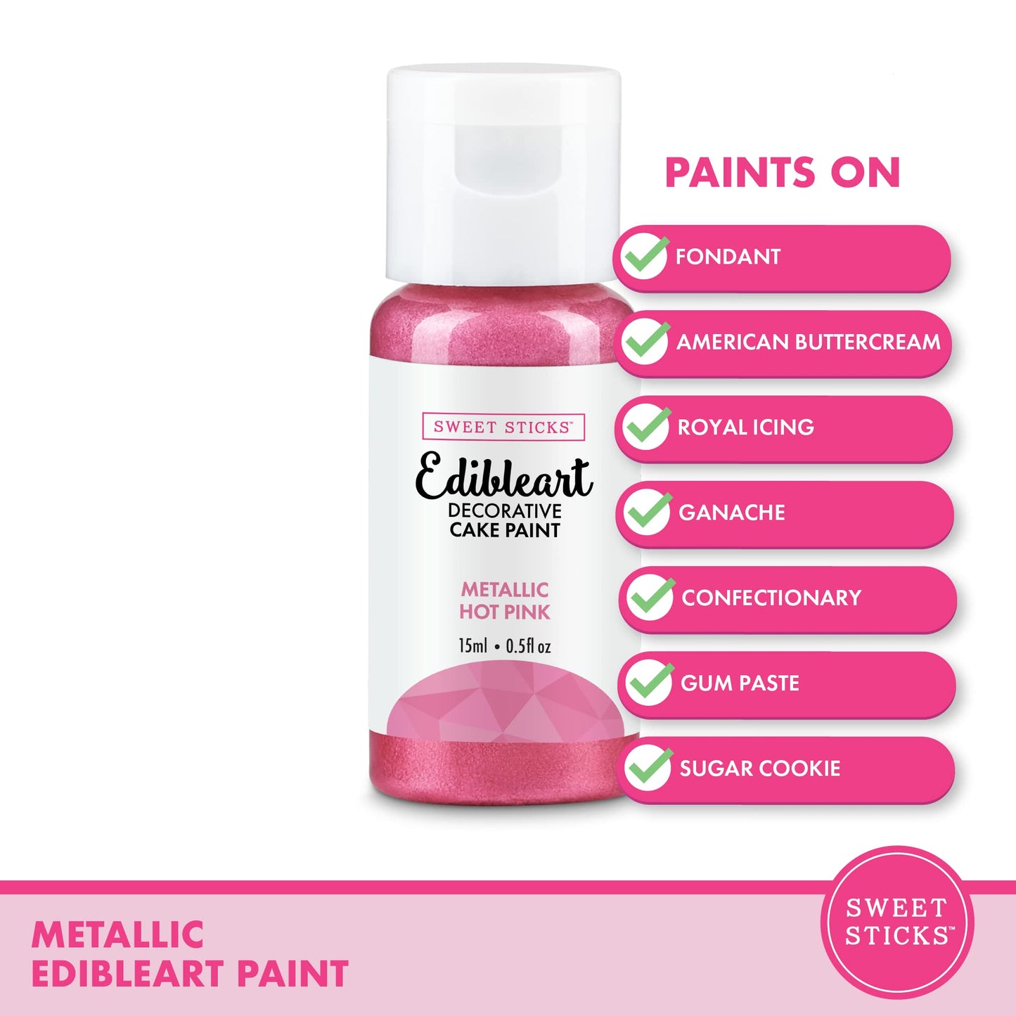 SWEET STICKS Edible Art Cake Paint, Metallic Hot Pink, 0.5 Fl Oz (15 mL)