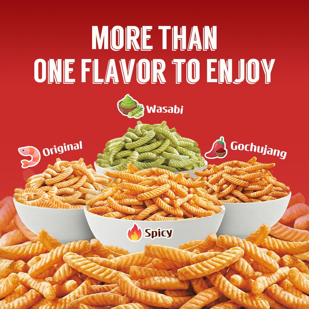 Nongshim Shrimp Crackers, Spicy Flavor, Crispy Baked Korean Snack, 2.6 oz Bags (Pack of 20) - PACKAGING MAY VARY