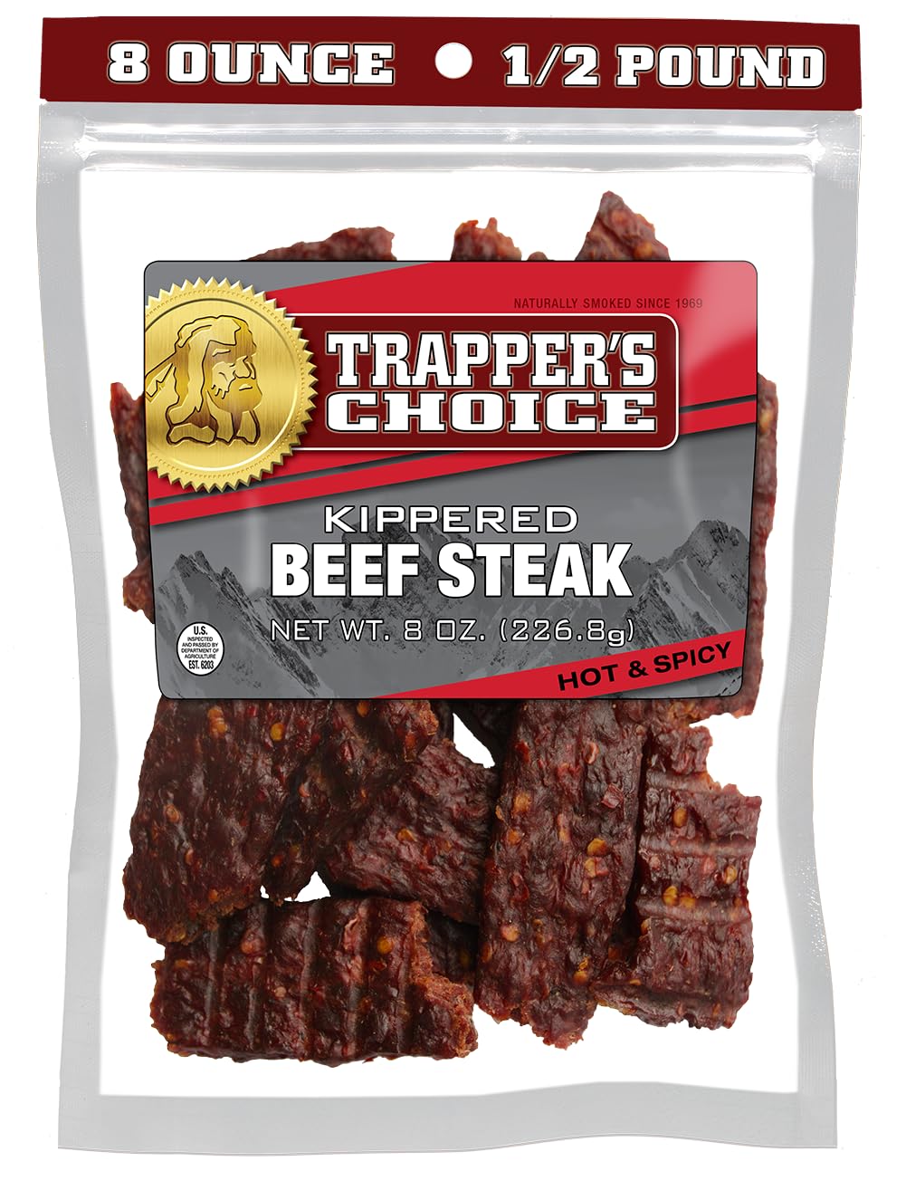 Old Trapper, Trapper'S Choice Hot & Spicy Kippered Beef Steak, Eight-Ounce Individual Package, 10 Grams Of Protein And 70 Calori