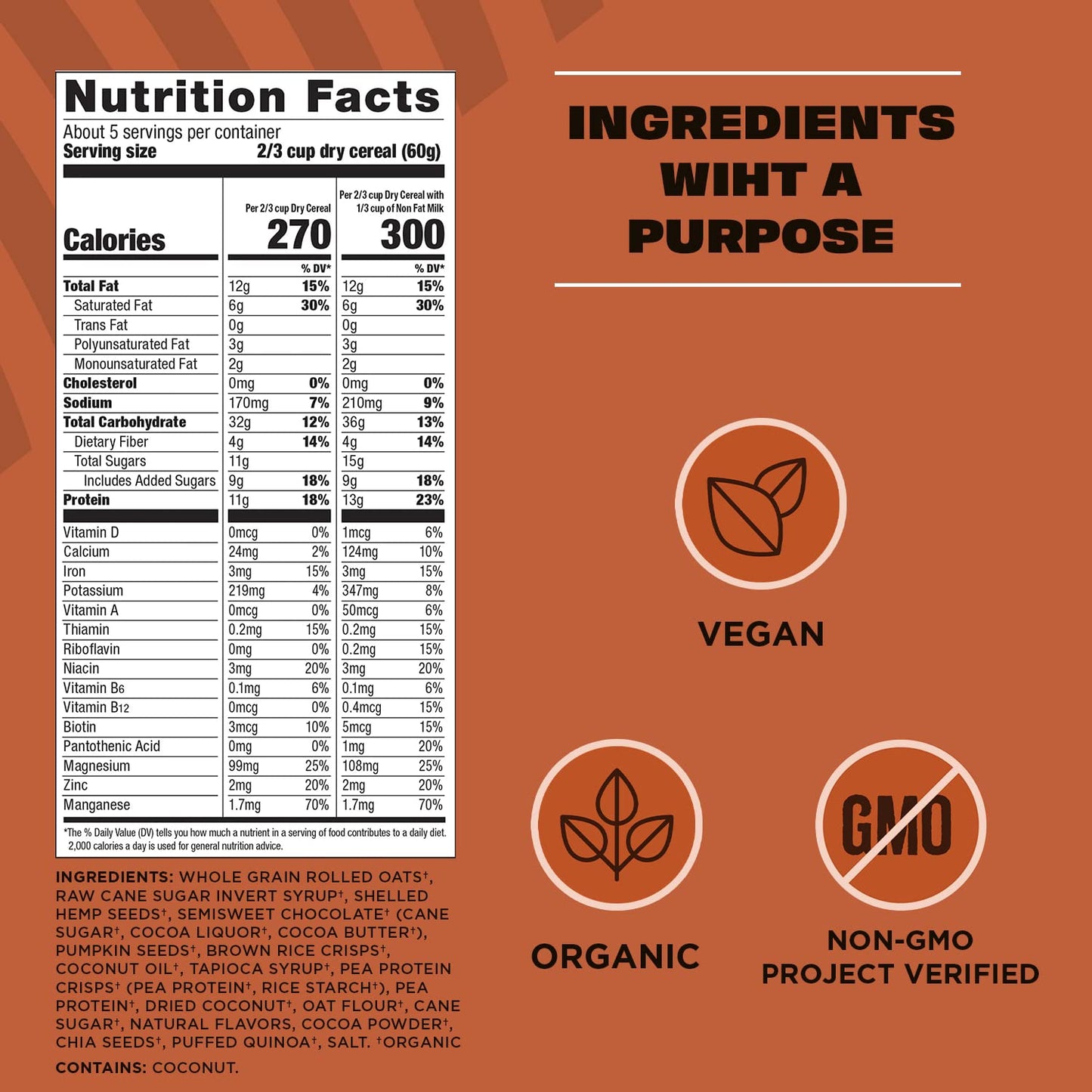 Manitoba Harvest Hemp Yeah Granola, Dark Chocolate, 10Oz, With 13 G Of Protein, 3 G Omegas 3 & 6, 4 G Of Fiber And Less Than 10 G Sugar Per Serving, Organic, Non-Gmo, (Pack Of 6) Packaging May Vary
