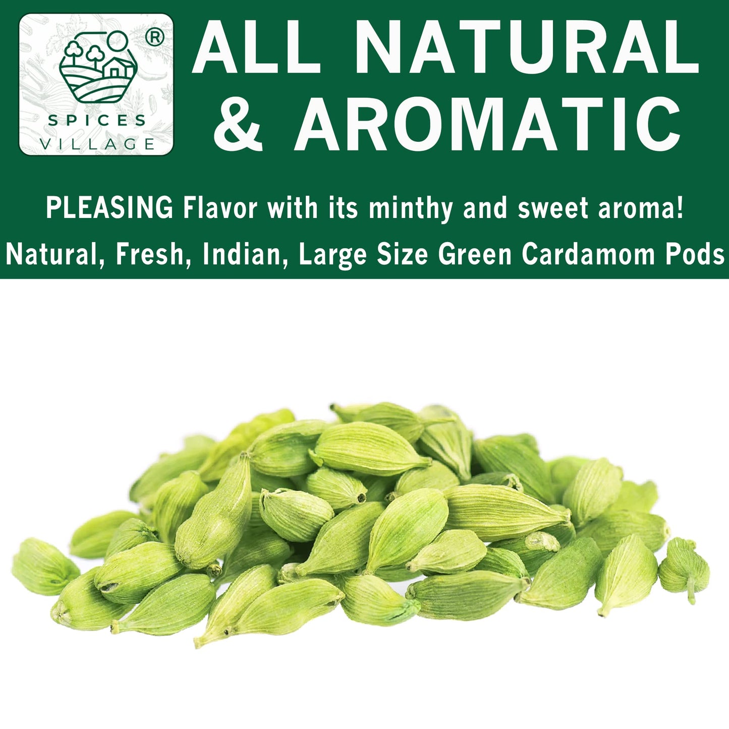 Spices Village Green Cardamom Pods Whole Spice, 3.5 oz, All Natural, Kosher, Gluten Free, Vegan, Non-GMO, Resealable Bulk Bag