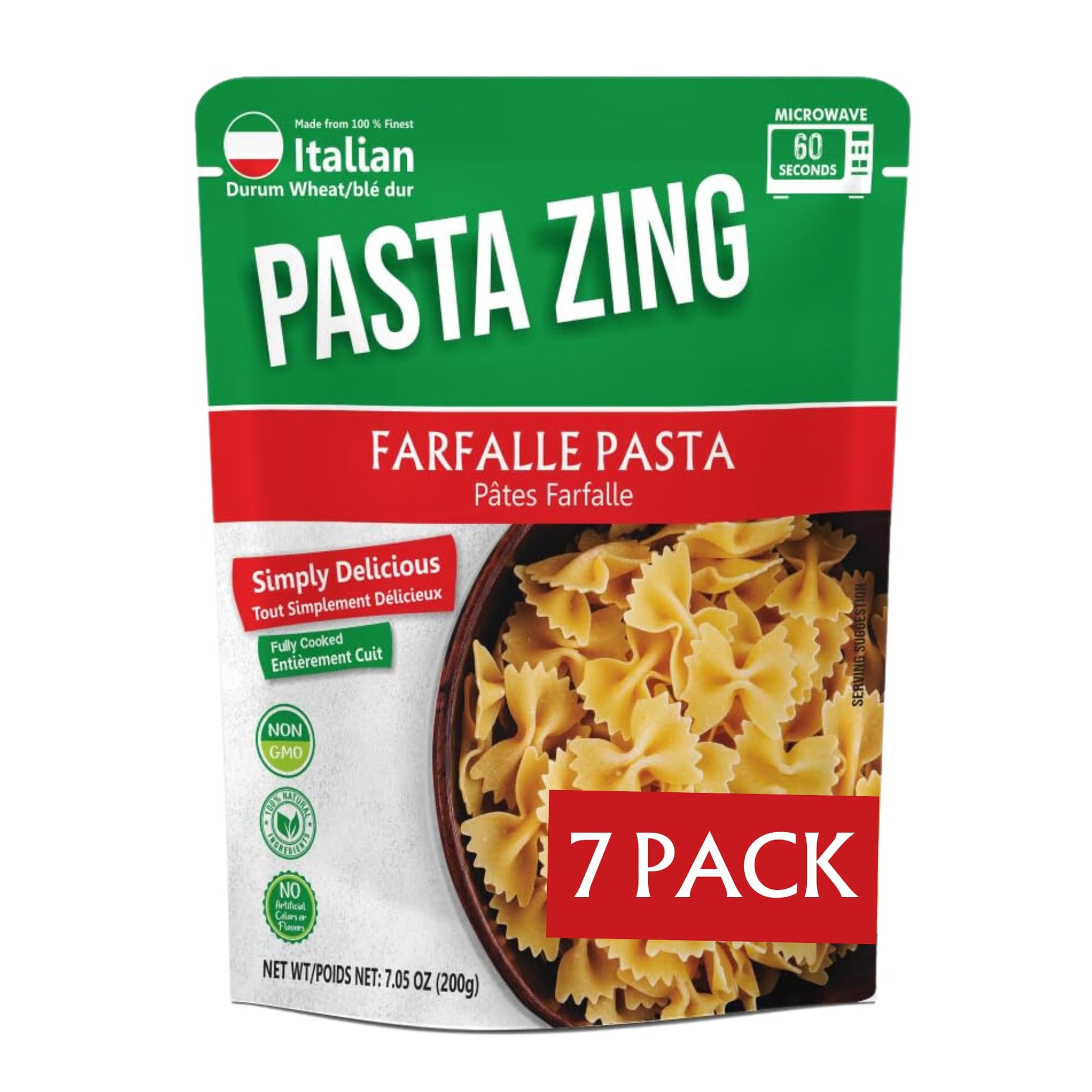 Pasta Zing Mircrowavable Farfalle Pasta Pack Of 7, 7.05 Ounce, | Ready To Eat In 60 Sec | Pasta -100% Italian Durum Wheat | Natu