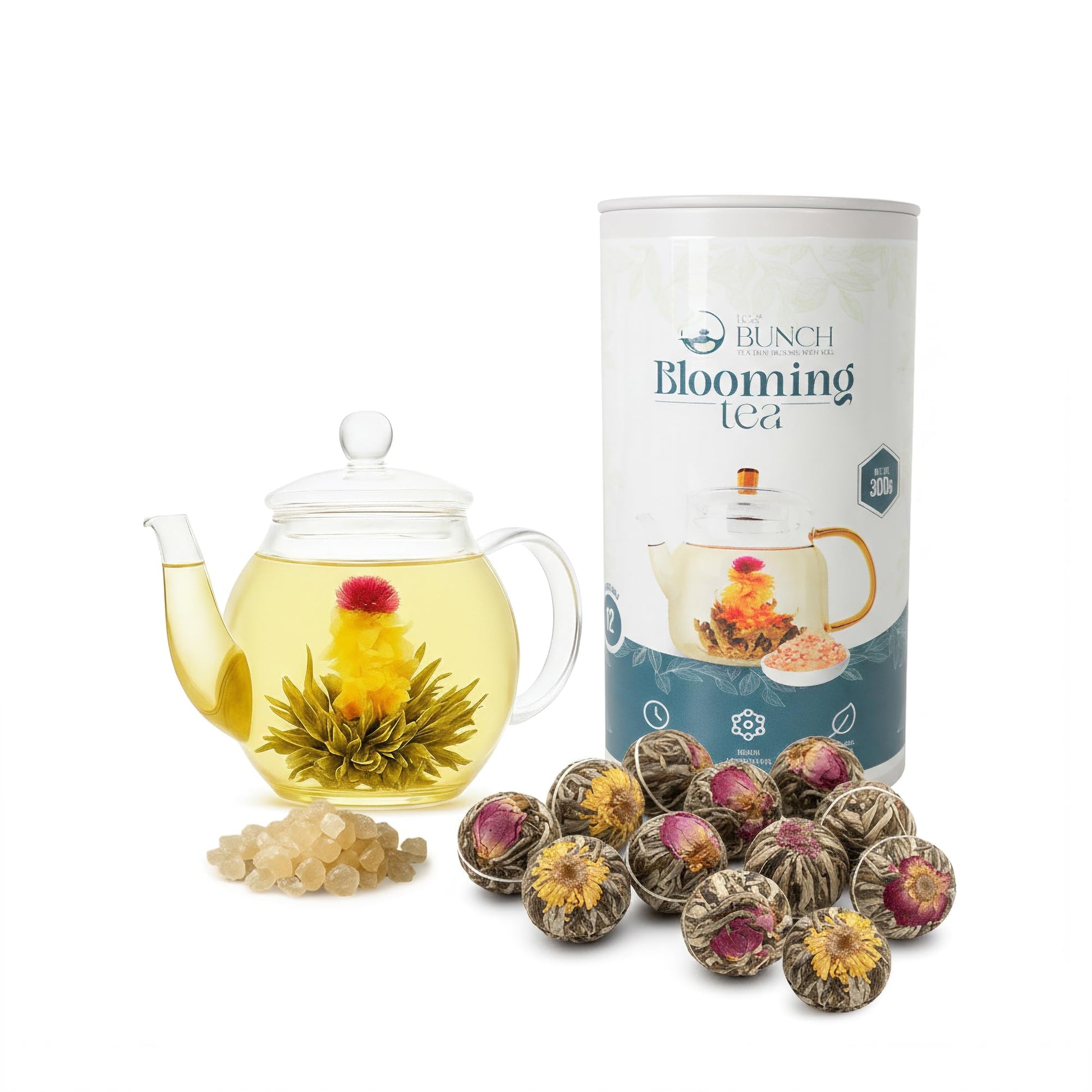 Tea Bunch Blooming Flower Tea Set – 12 Hand-Tied Organic Green Tea Balls With 12 Packs Of Rock Sugar, Gift-Ready Packaging, Calming Floral Tea For Wellness & Relaxation (Glass Teapot Not Included)