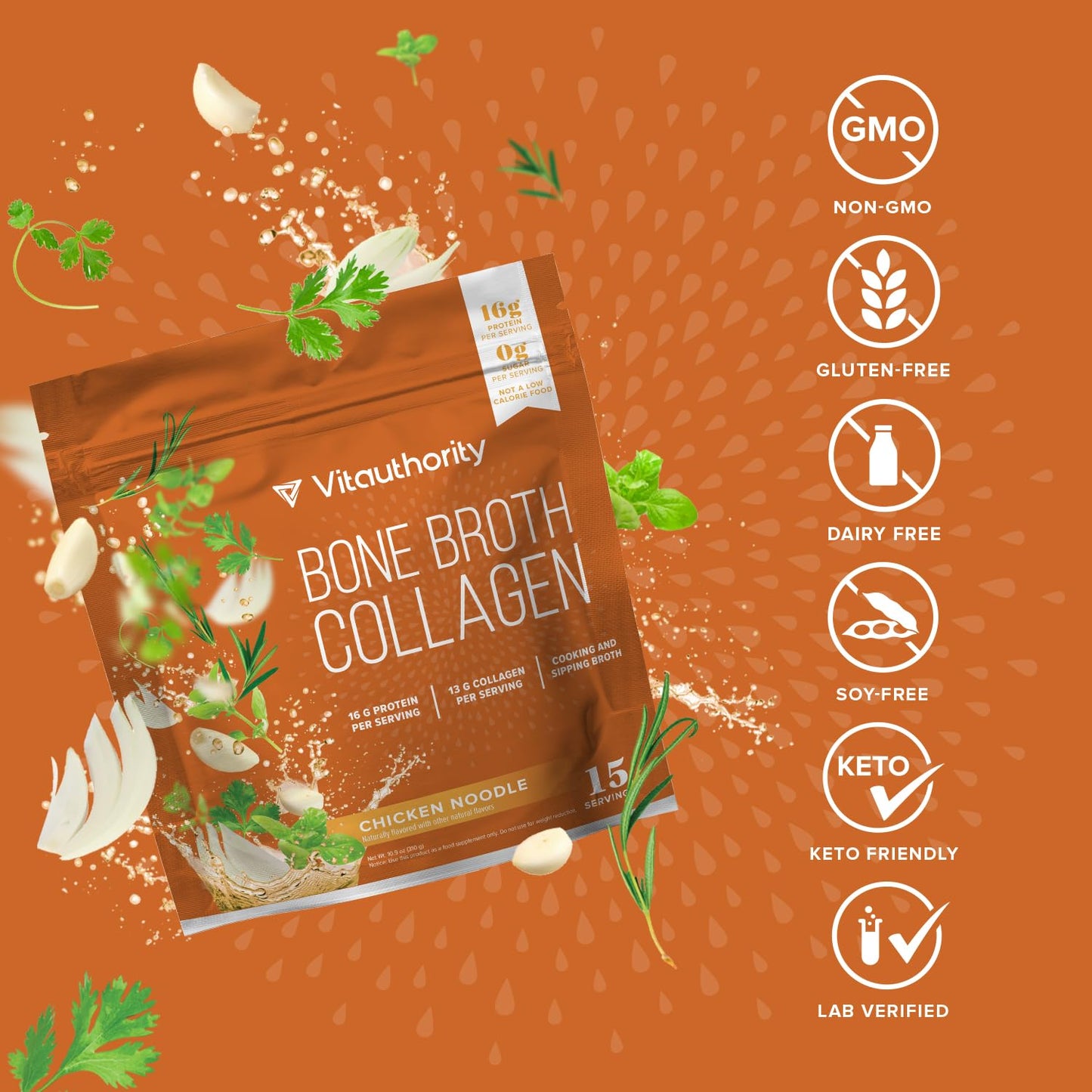 Vitauthority Bone Broth Collagen Chicken Noodle Flavor - 15 Servings - 16g Protein, Types I, II, III
