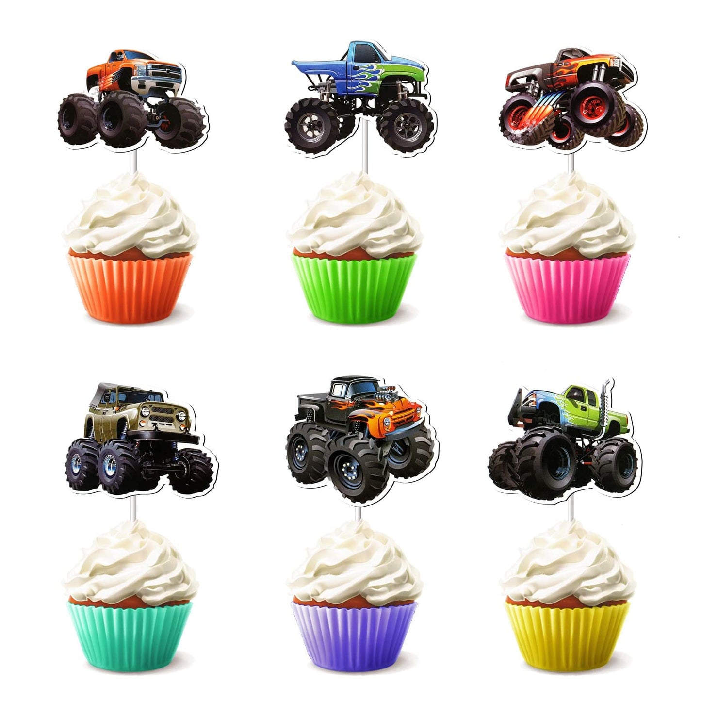 24 Pcs Monster Truck Cupcake Toppers For Boys Girls - Theme Birthday Party Decorations Supplies