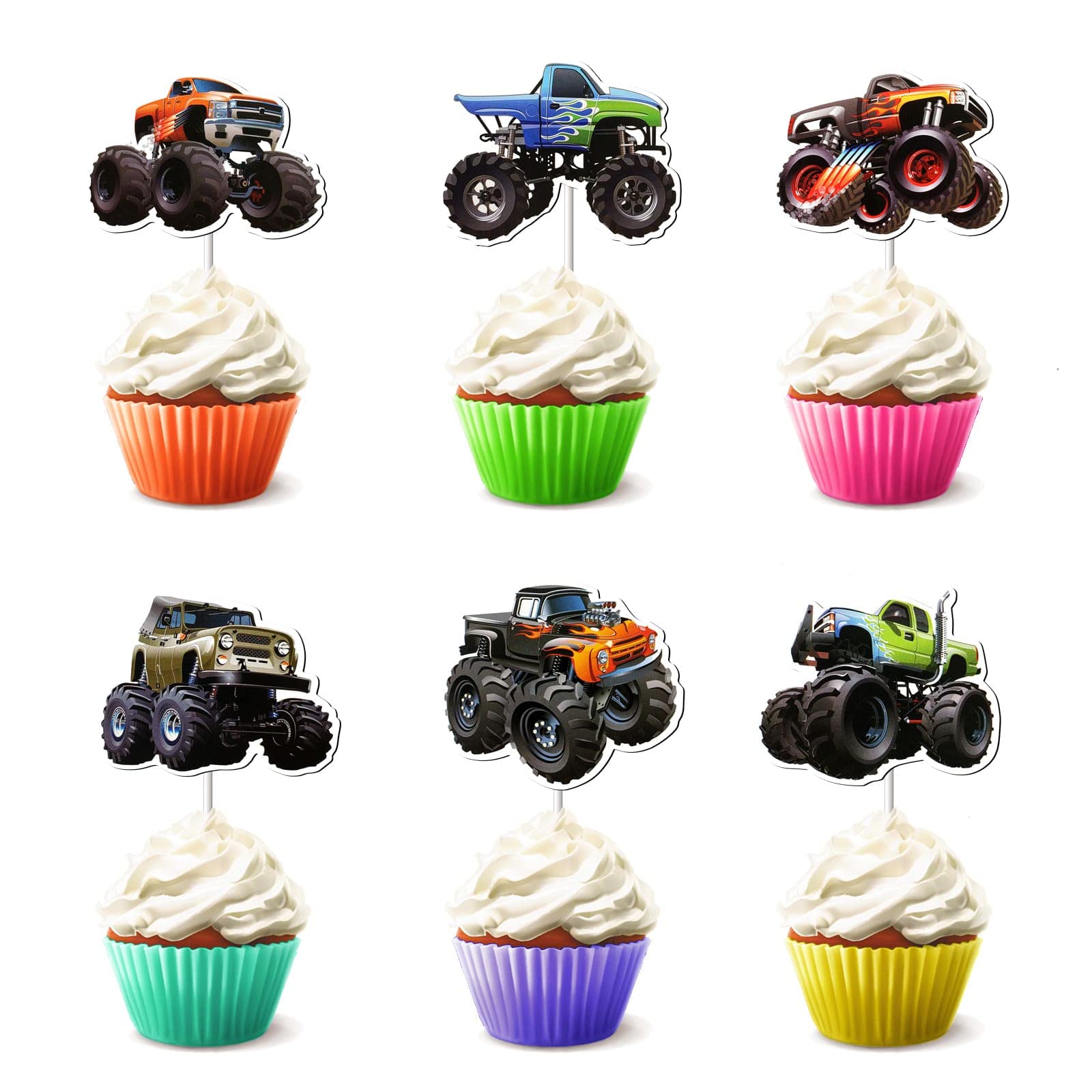24 Pcs Monster Truck Cupcake Toppers For Boys Girls - Theme Birthday Party Decorations Supplies