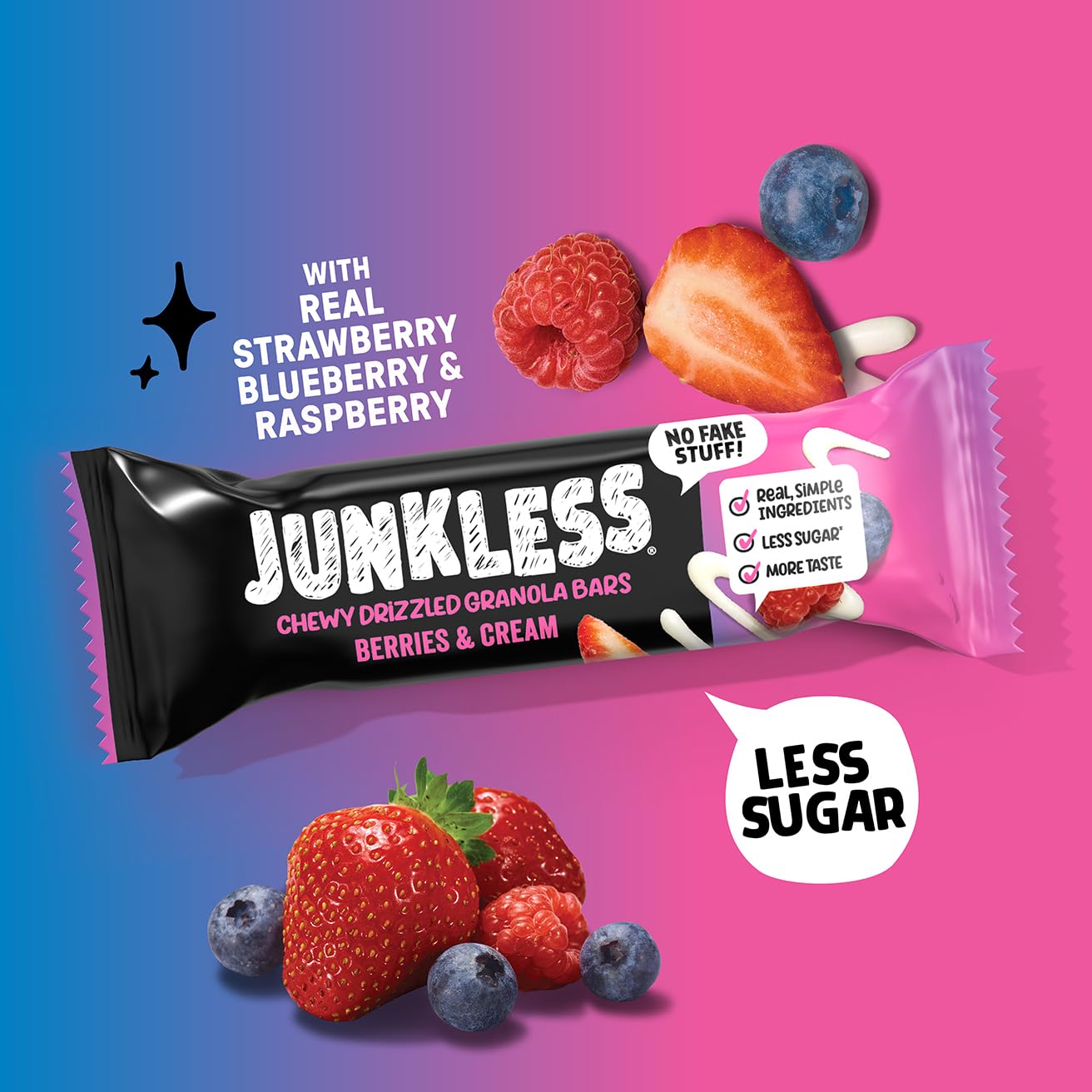 JUNKLESS Chewy Granola Bar 2-Flavor Variety Pack (24 Bars)-Non-GMO, Gluten-Free, Less Sugar Snack Bars- Drizzled Birthday Cake &