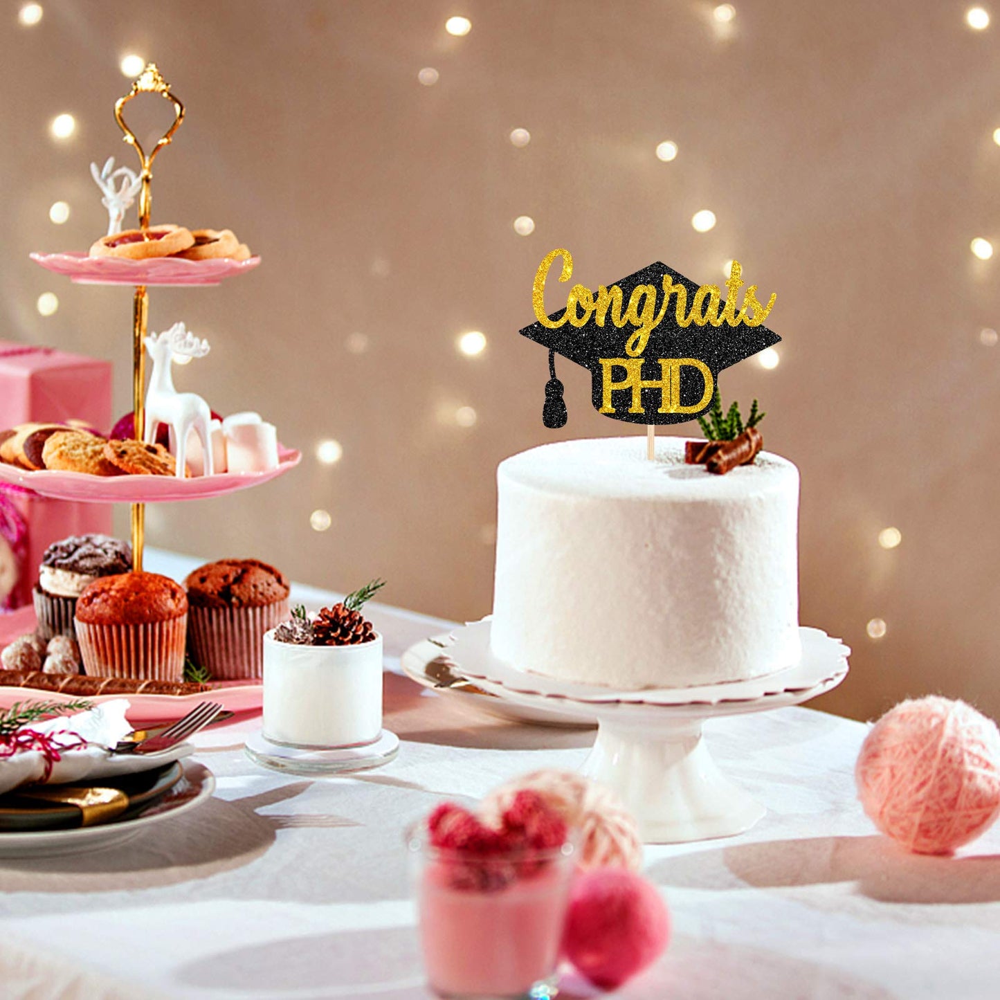 Innoru Glitter Congrats Phd Cake Topper - Congrats Grad - Phd Graduation Party Decorations Black Gold