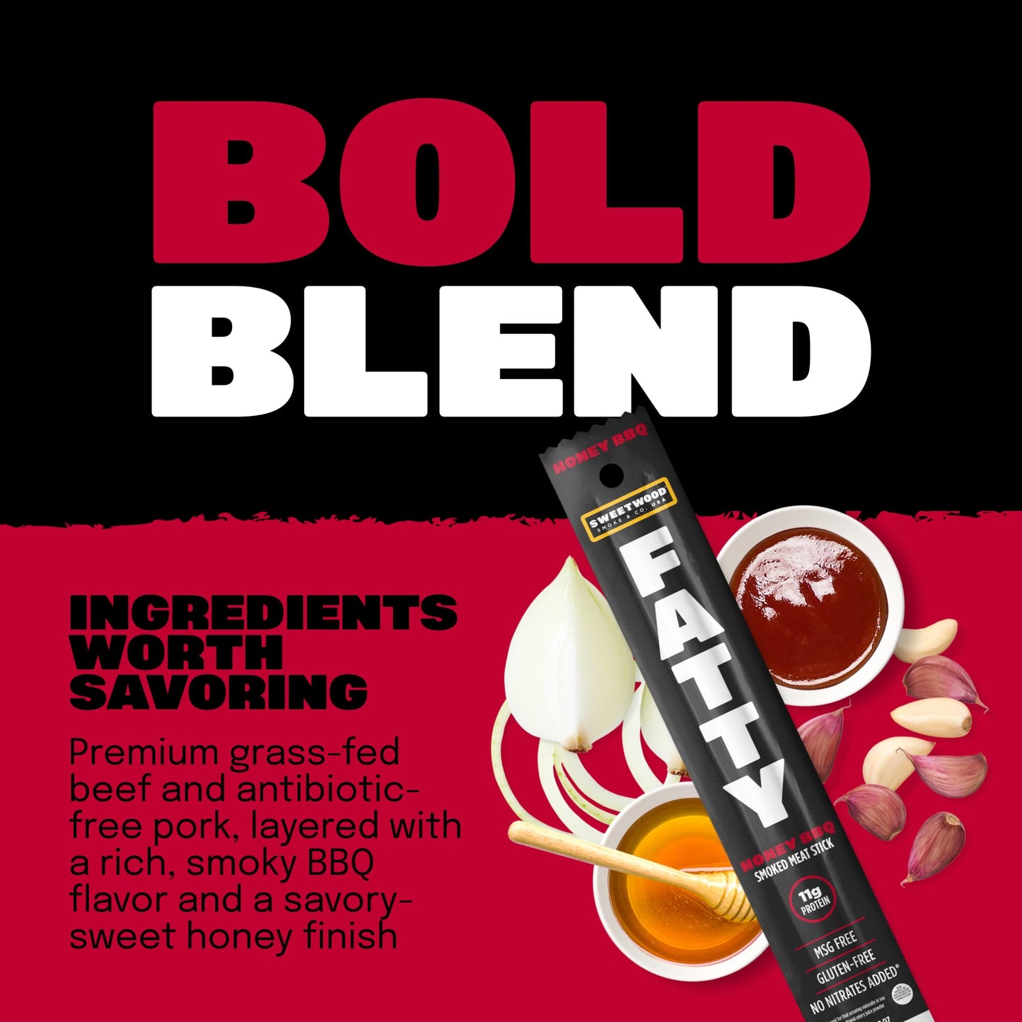 American Made Sweetwood Smokehouse FATTY Beef Jerky Sticks - Honey BBQ, 20 Pack, 2oz, Gluten Free, Extra Large, Grass Fed Beef