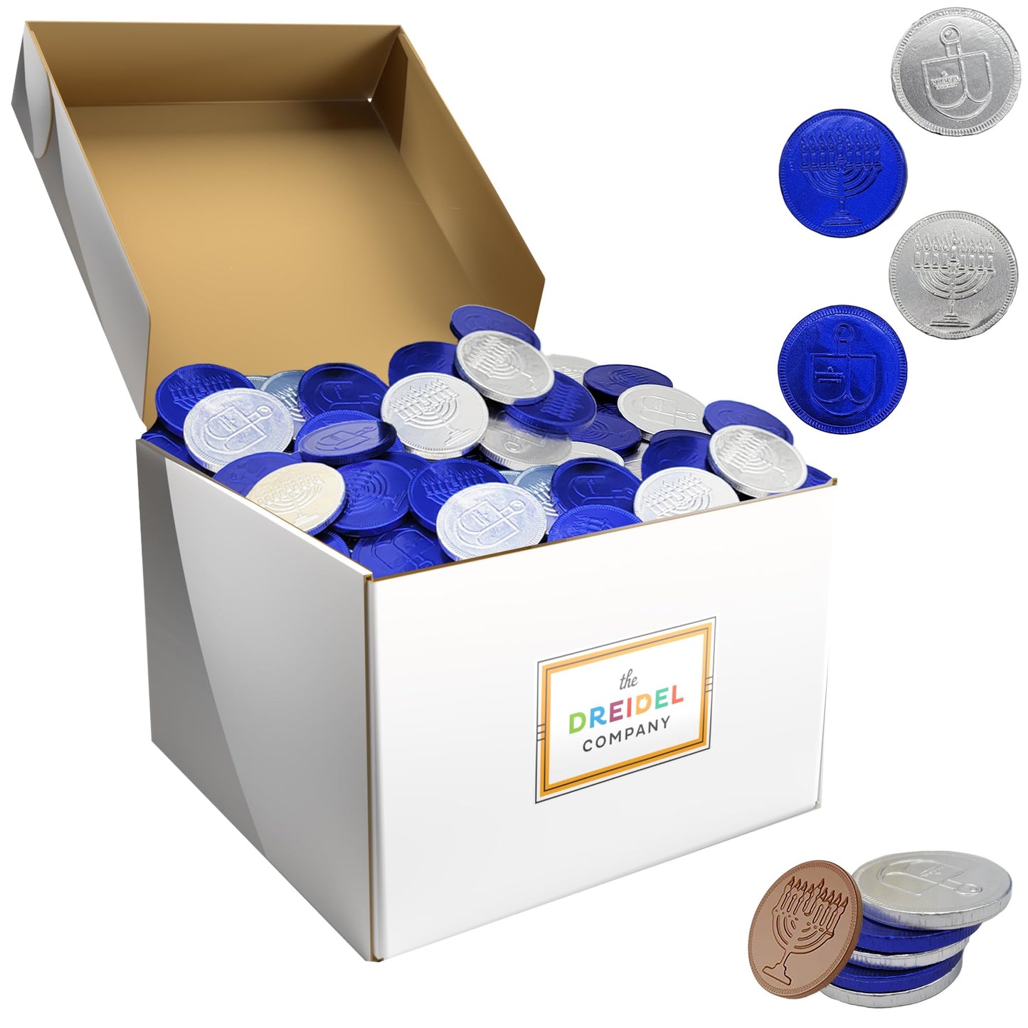 The Dreidel Company 1000-Pack Milk Chocolate Coins  Hanukkah Gelt  Blue And Silver Coins With Dreidel And Menorah Designs Made With Top-Grade Belgian Chocolate  Nut-Free  Gluten-Free  Non-Gmo  Kosher Certified Dairy