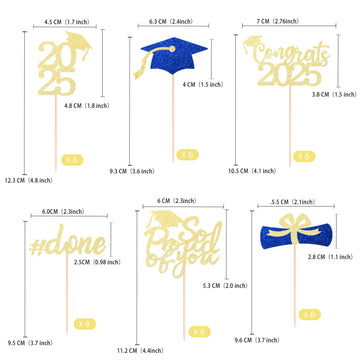 36 Pcs Class Of 2025 Graduation Cupcake Toppers, Gold & Blue Glitter Double-Sided Grad Cap Cake Picks For Party Supplies, 2025 G