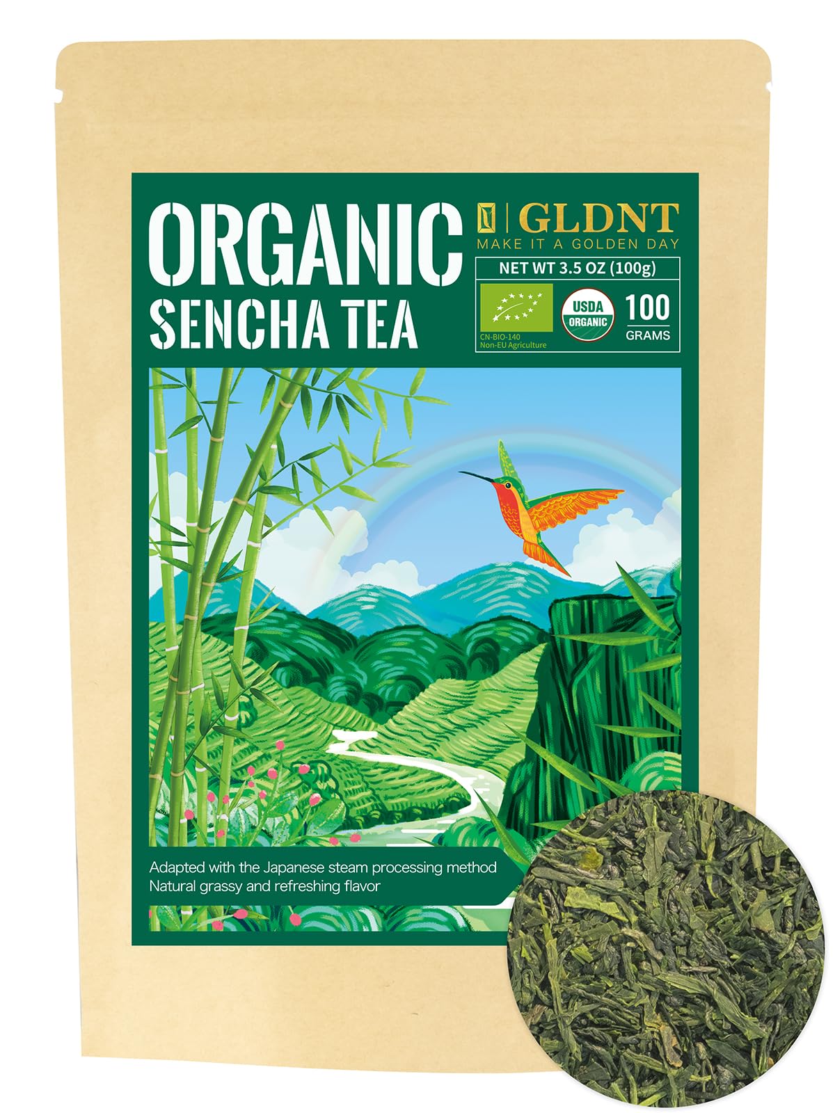 Gldnt Organic Sencha Tea, Shade Grown Gyokuro Green Tea Loose Leaf, Steamed Sencha Green Tea, Smooth & Refreshing Flavor, 3.5Oz