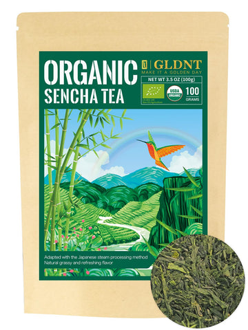 Gldnt Organic Sencha Tea, Shade Grown Gyokuro Green Tea Loose Leaf, Steamed Sencha Green Tea, Smooth & Refreshing Flavor, 3.5Oz