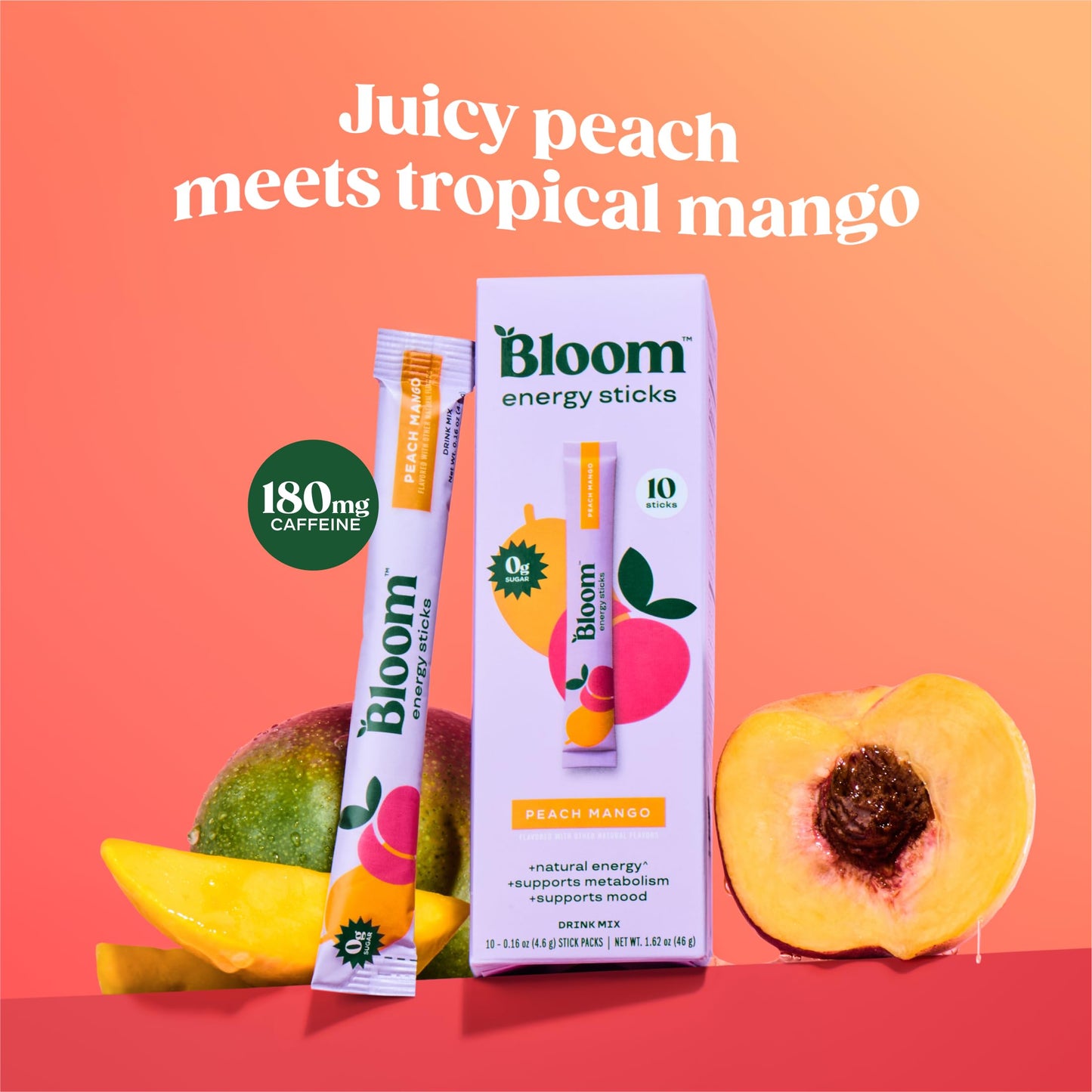 Bloom Nutrition Energy Drink Powder Packets  Sugar Free Energy Drink Mix with L-Theanine  B Vitamins & Natural Caffeine  On the Go Powder Sticks for Natural Energy  10 Calories (10 Pouches (Pack of 1)  Peach Mango)