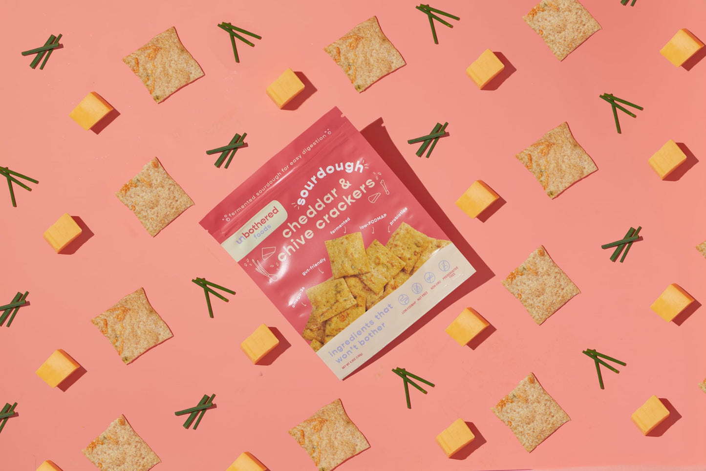 Unbothered Foods Cheddar & Chive Sourdough Crackers - Gut-Friendly & Easy to Digest, Non-GMO, No Added Sugar, Nut-Free, Perfect