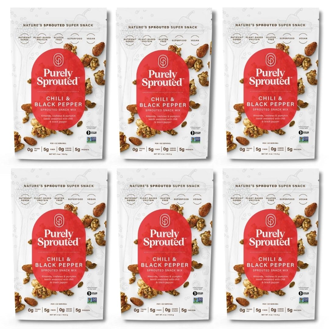 Purely Sprouted Chili & Black Pepper Snack Mix: Vegan, Gluten-Free, And Non-Gmo Blend For A Healthy Crunch! (4 Oz, 6 Pack)