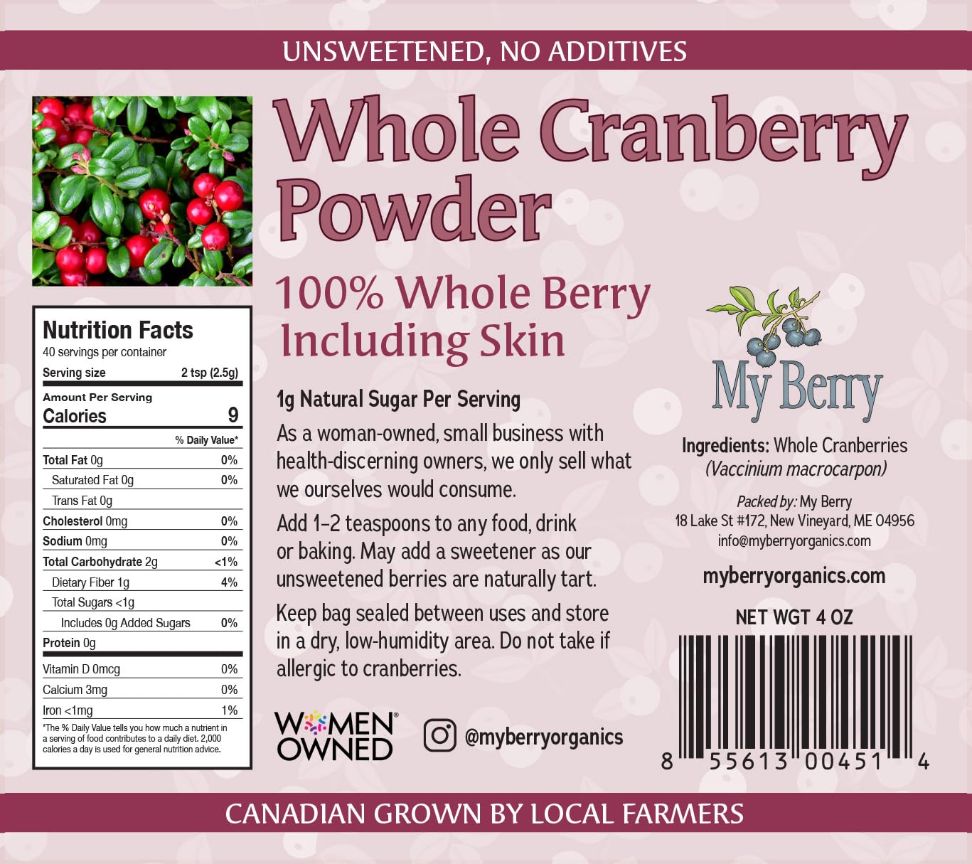 Unsweetened Cranberry Powder | No Additives | Grown in North America | 1g Natural Sugar Per Serving | Woman-Owned Small Business