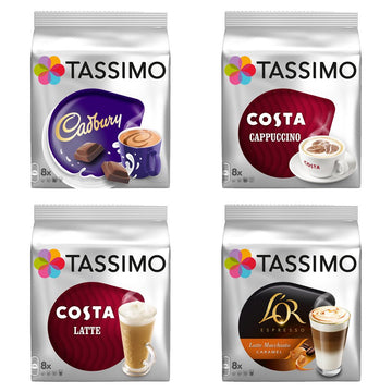 Tassimo Costa Cappuccino + Cadbury + Costa Latte + Carte Noire Latte Macchiato Caramel X 4 Favourite Packs, Total 64 Discs