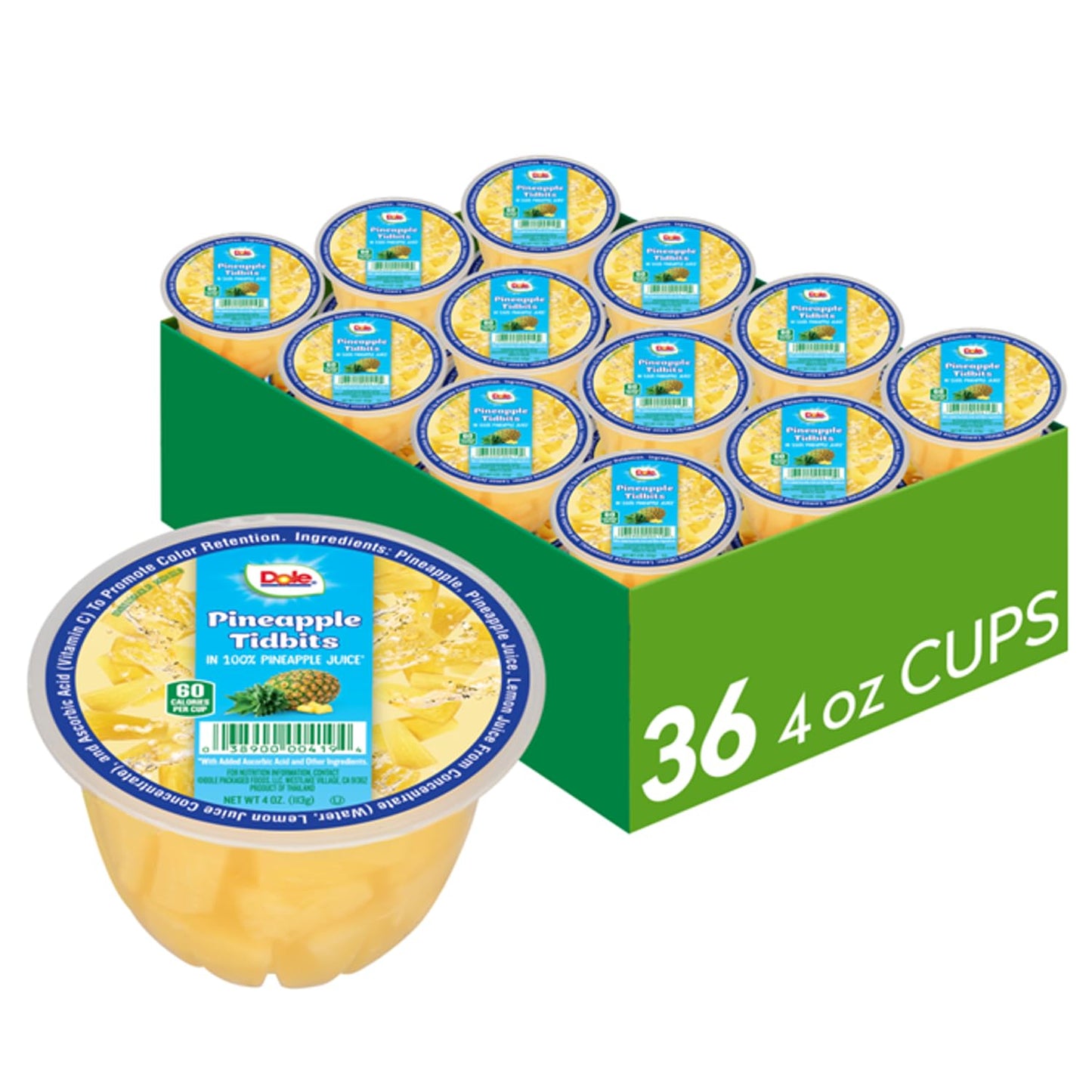 Dole Fruit Bowls Pineapple Tidbits In 100% Juice Snacks  4Oz 36 Total Cups  Gluten & Dairy Free  Bulk Lunch Snacks For Kids & 18+ Uses