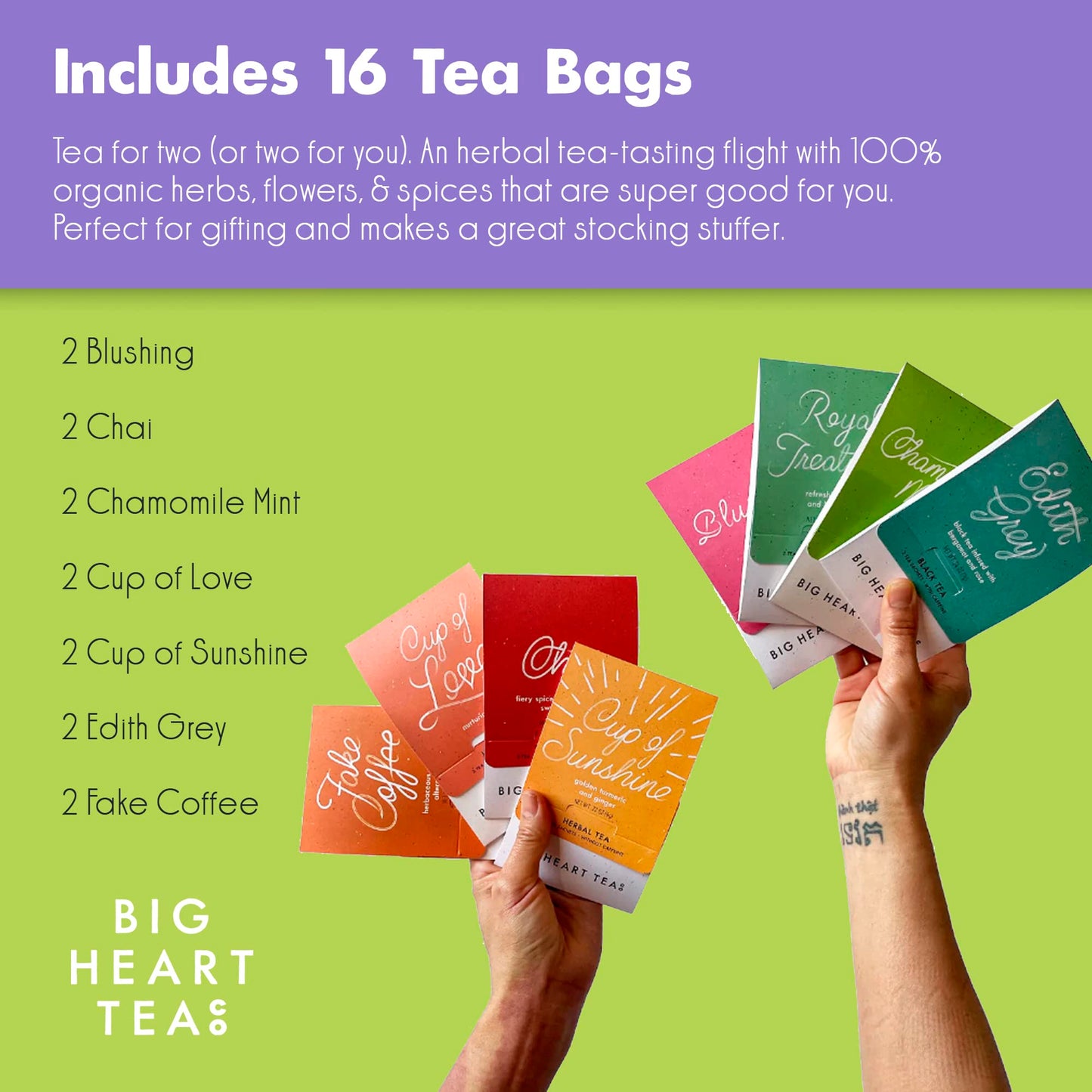 Big Heart Tea Co. Tea Bags Sampler Set - Certified Organic, Ayurvedic Herbal Tea - Small Batch Ground Herbs, Florals, Spices In