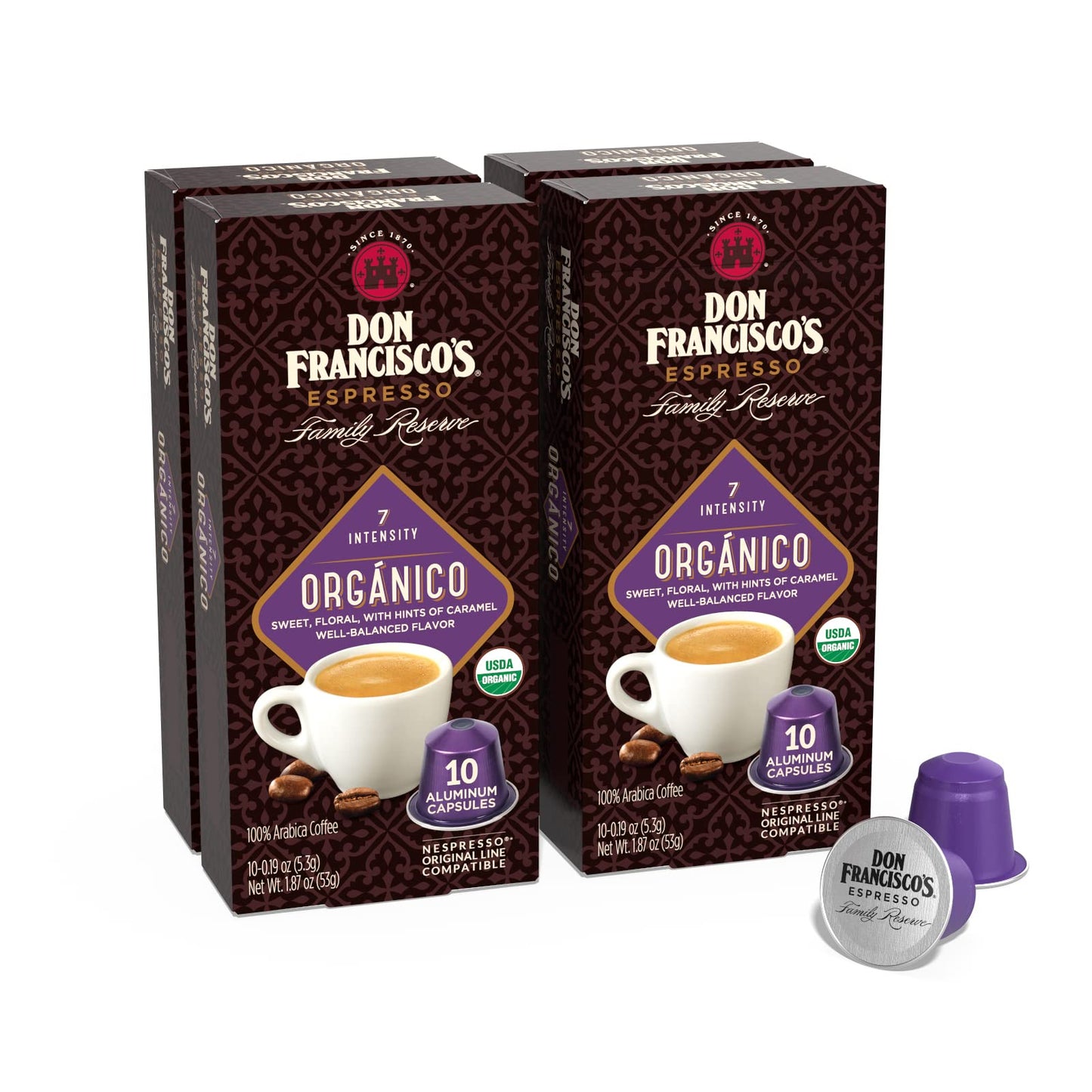 Don Franciscos Espresso Pods, Dark Roast, 40 Aluminum Capsules, Intensity 7, Compatible with Nespresso, 10 Count (Pack of 4)