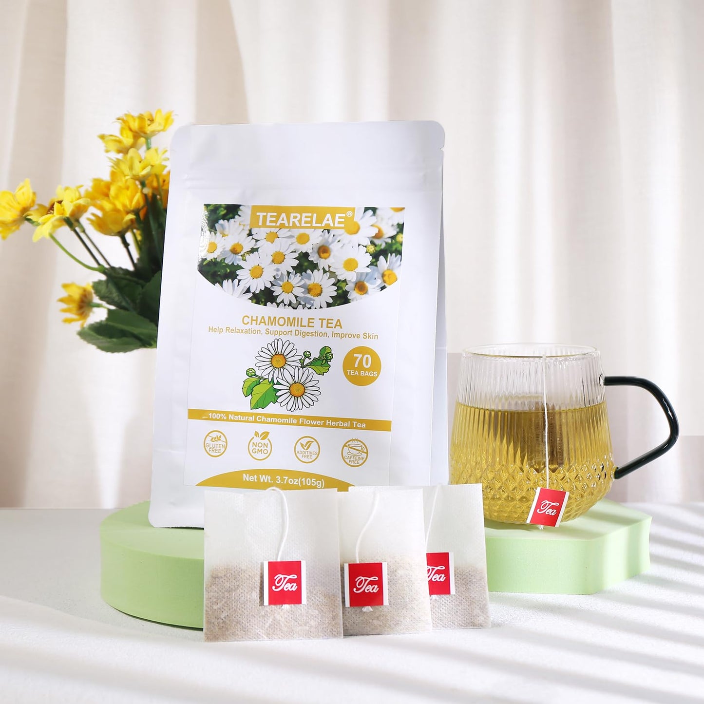 TEARELAE Chamomile Tea Bags - Premium Non-GMO Caffeine-Free - 70 Count