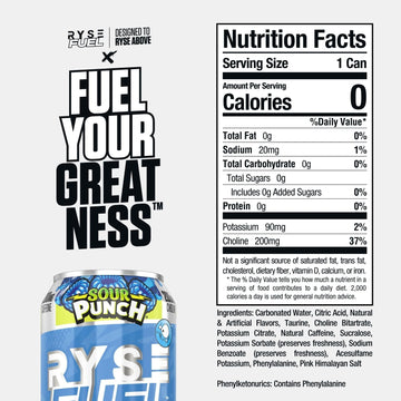 RYSE Fuel Energy Drink - Sour Punch Blue Raspberry - Sugar Free, Vegan - 200mg Natural Caffeine - 16 fl oz Cans (12-Pack)
