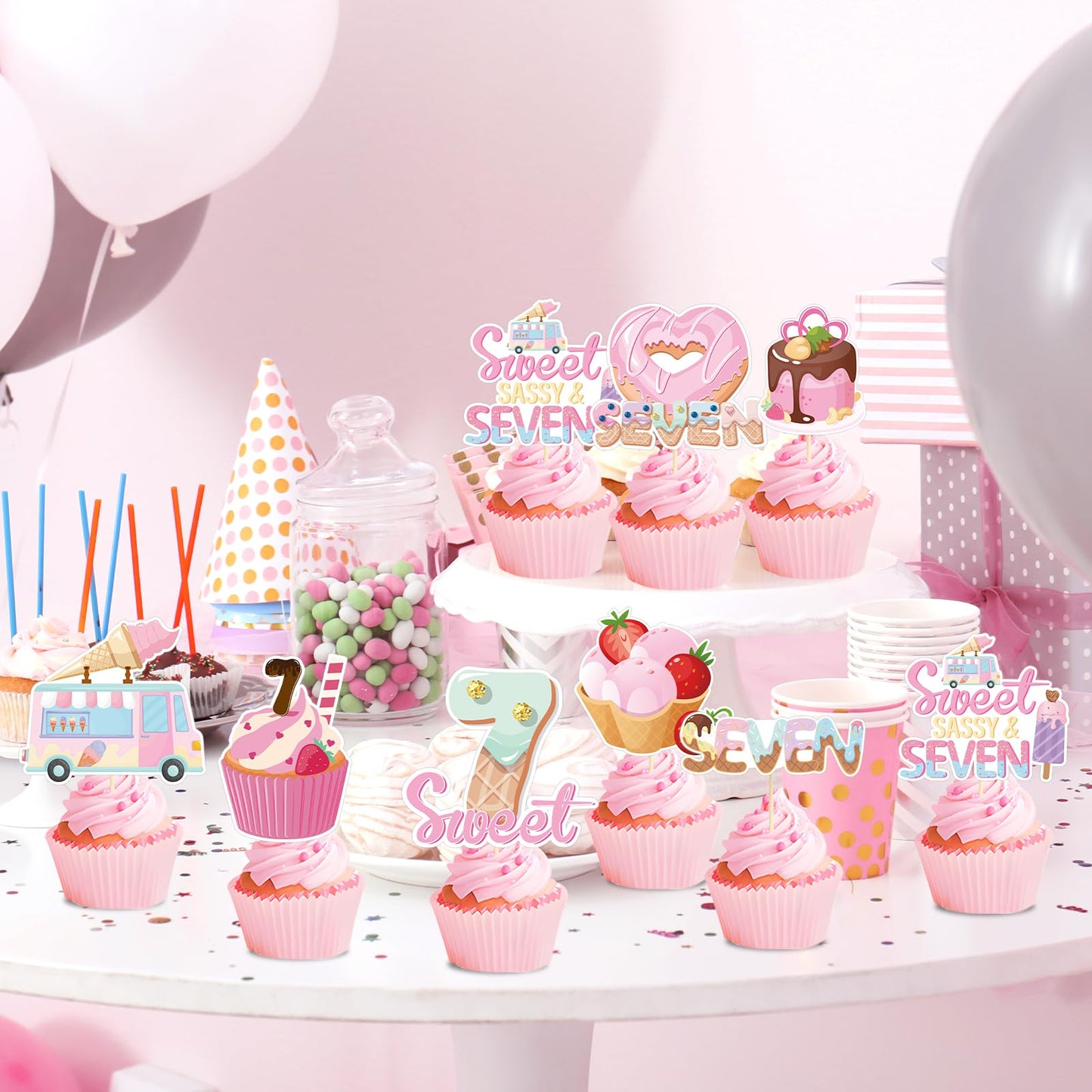 Joybileefun 40PCS Ice Cream Cupcake Toppers, Paper Birthday Decorations, 2*4 inches, Sweet Sassy and Seven Color