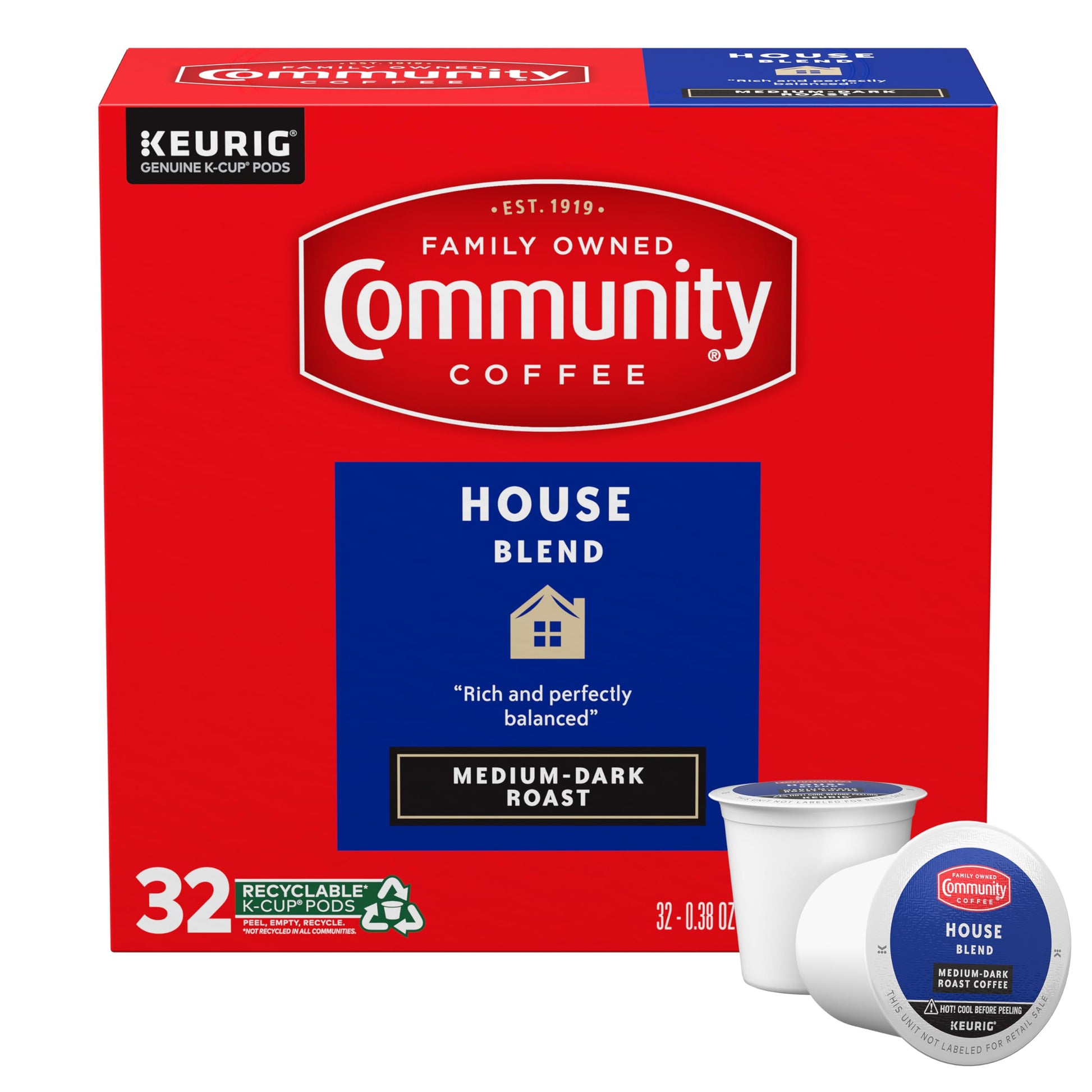 Community Coffee House Blend Medium-Dark Roast K-Cup Pods, 32 Count, Single Serve