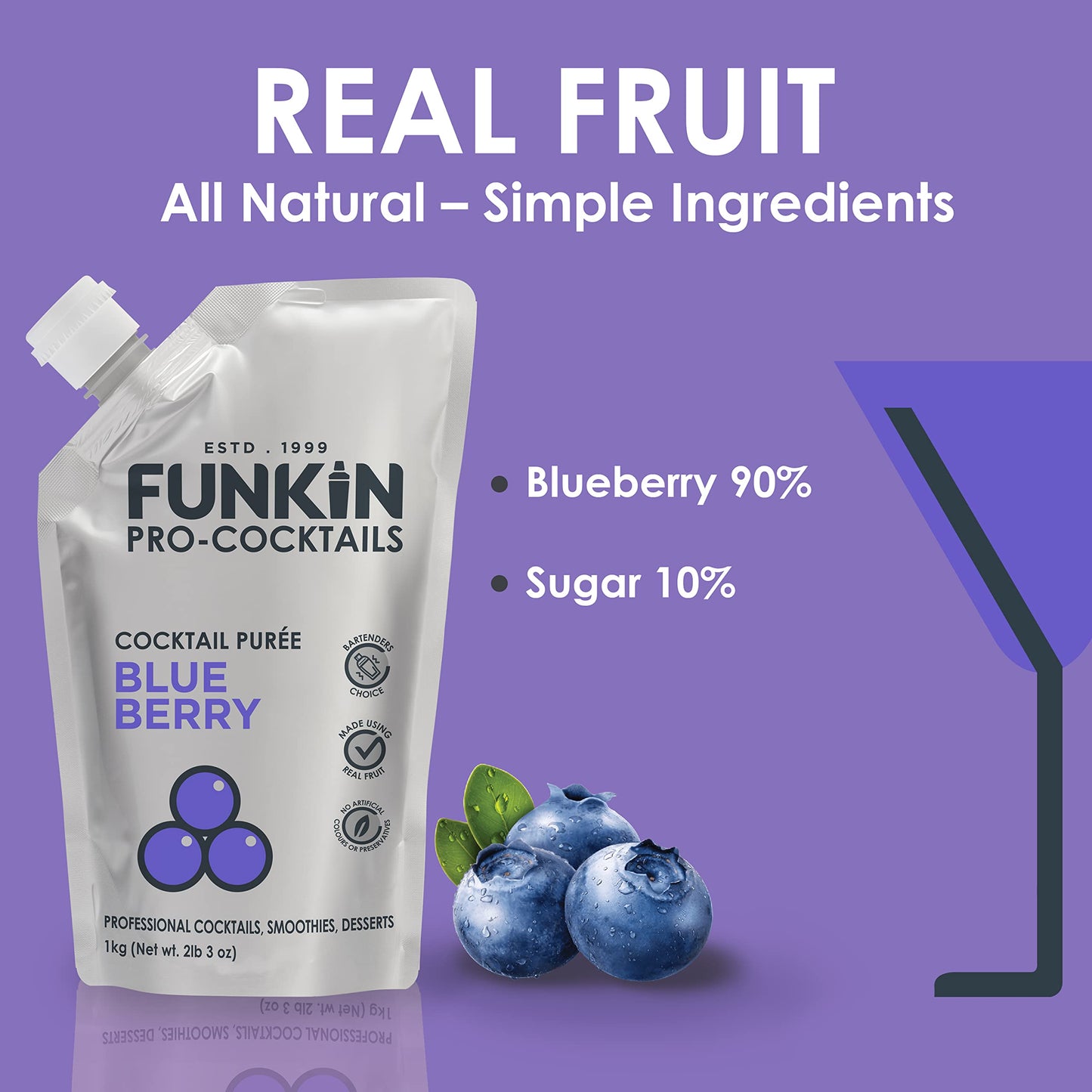 Funkin Blueberry Puree | 100% Real Fresh Fruit Juice For Cocktails, Drinks, Smoothies, Cooking 2.2 Lbs With No Added Preservativ