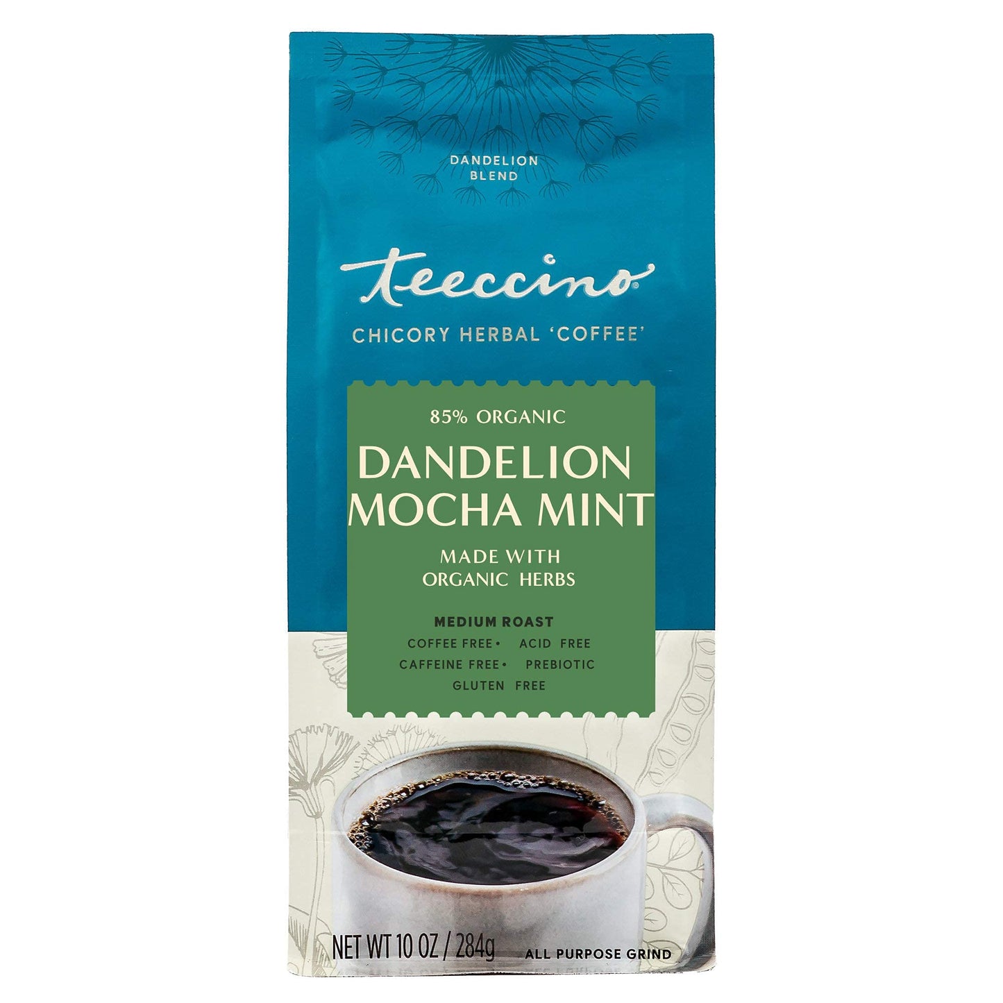 Teeccino Dandelion Mocha Mint Herbal Coffee - Caffeine-Free, Gluten-Free, Medium Roast, 10 oz