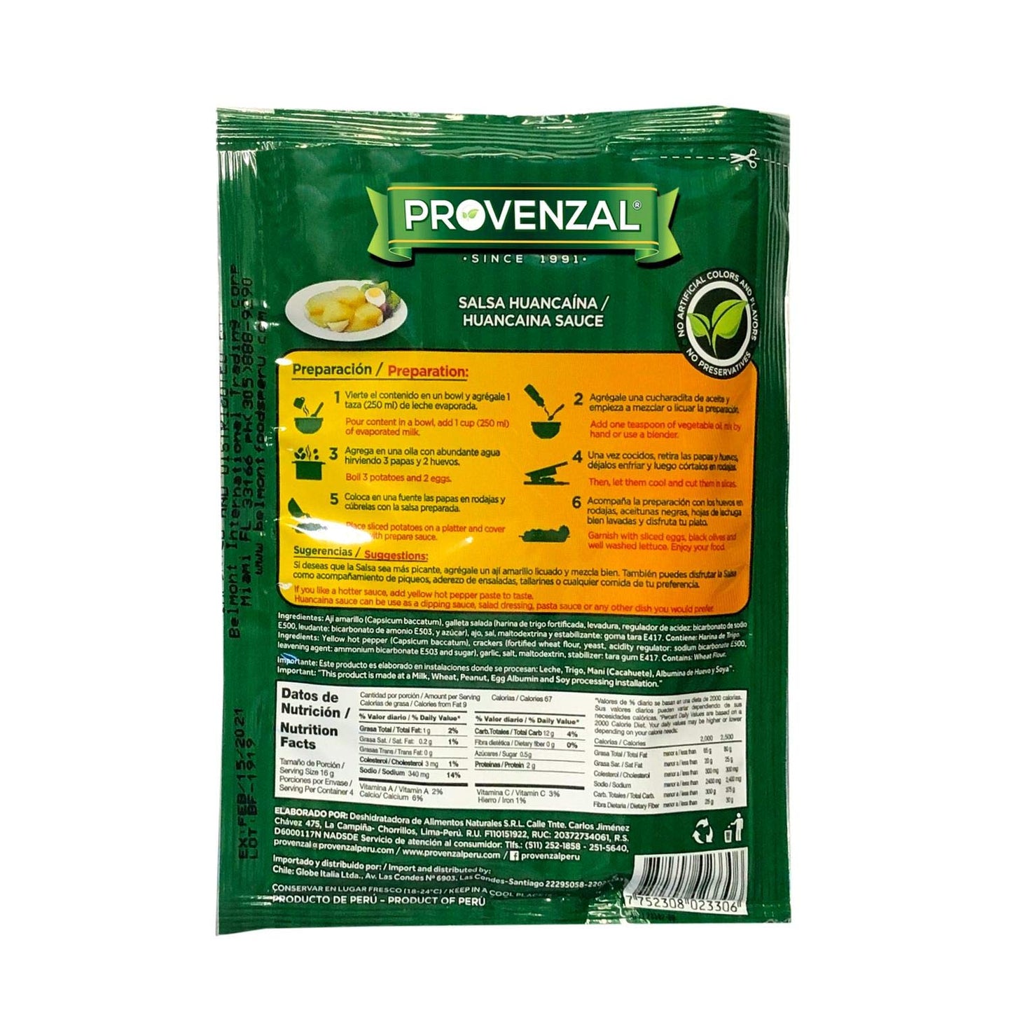Huancaina Provenzal 3 pack of 2.2 oz each - 3 sobres