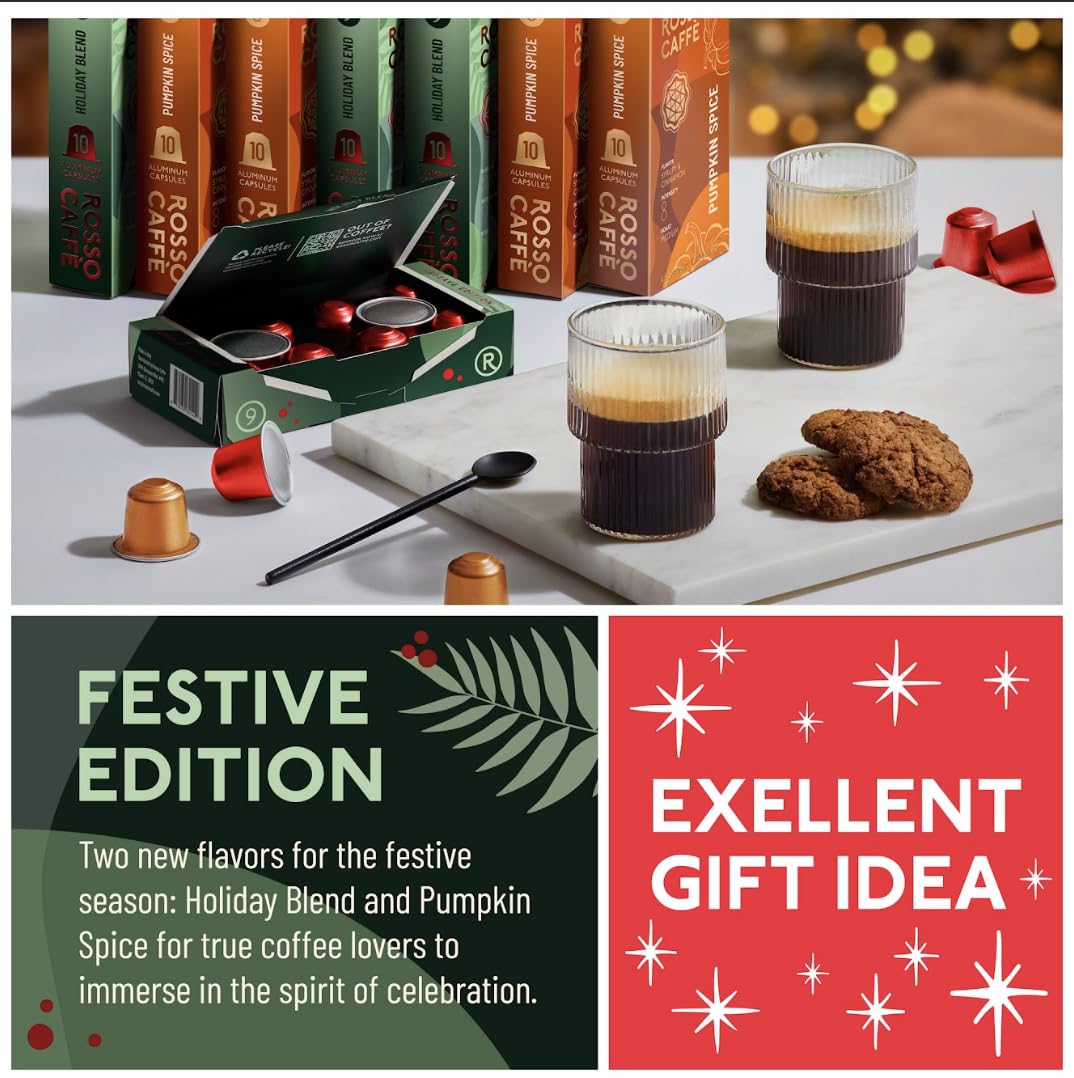 ROSSO CAFFE Espresso Coffee Pods for Nespresso Machines - Holiday Limited Edition - 80 Aluminium Capsules - Compatible with all Nespresso Original line Machines (Holiday Blend and Pumpkin Spice)