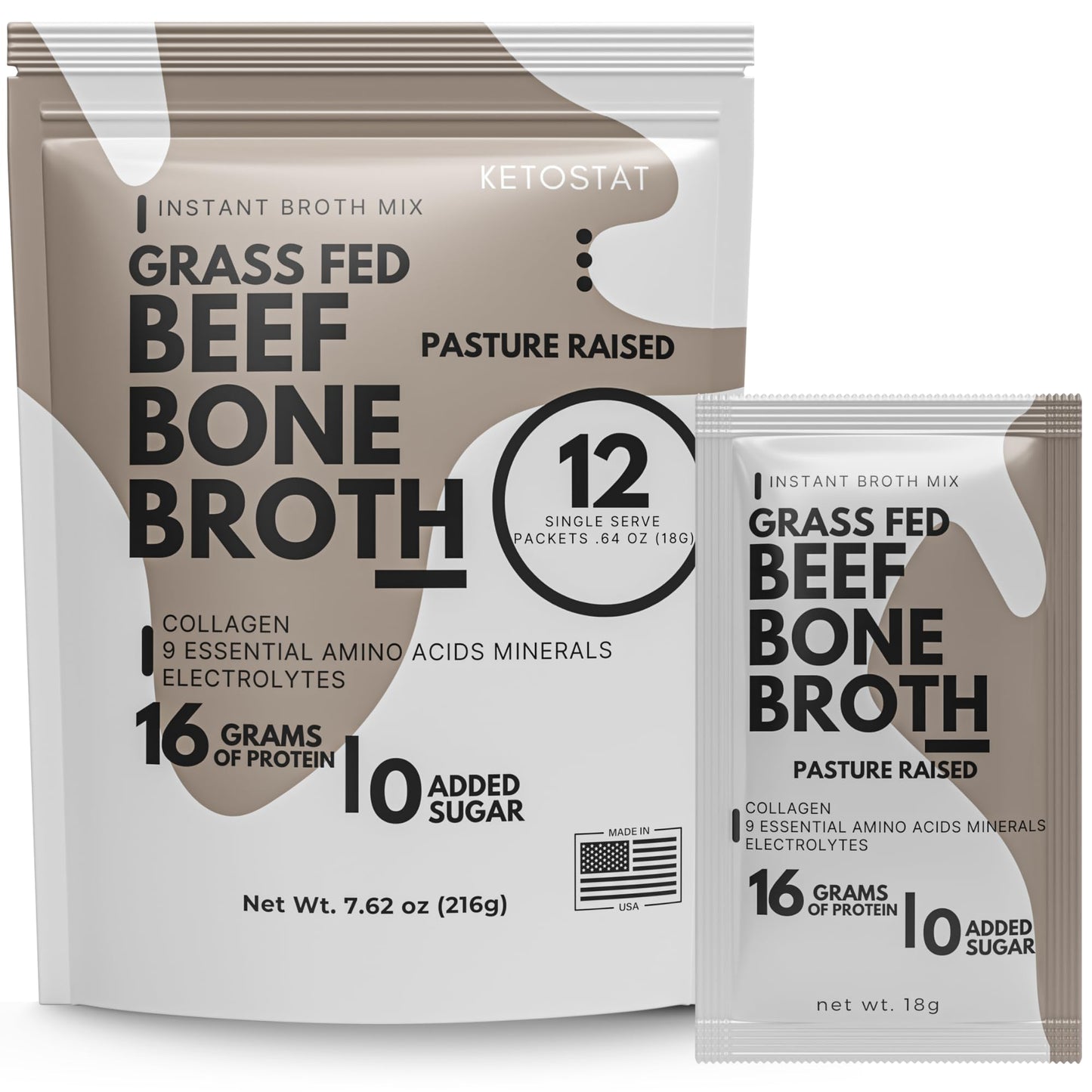 Ketostat Bone Broth Protein Powder, Grass-Fed Beef, 12 Pack, 18g Each, Hydrolyzed Collagen, Electrolytes, 0.64 Ounce per Packet